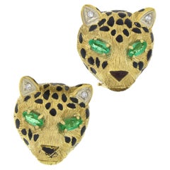 Vintage 18k Gold .56ct Emerald Diamond w/ Black Enamel Panther Clip On Earrings