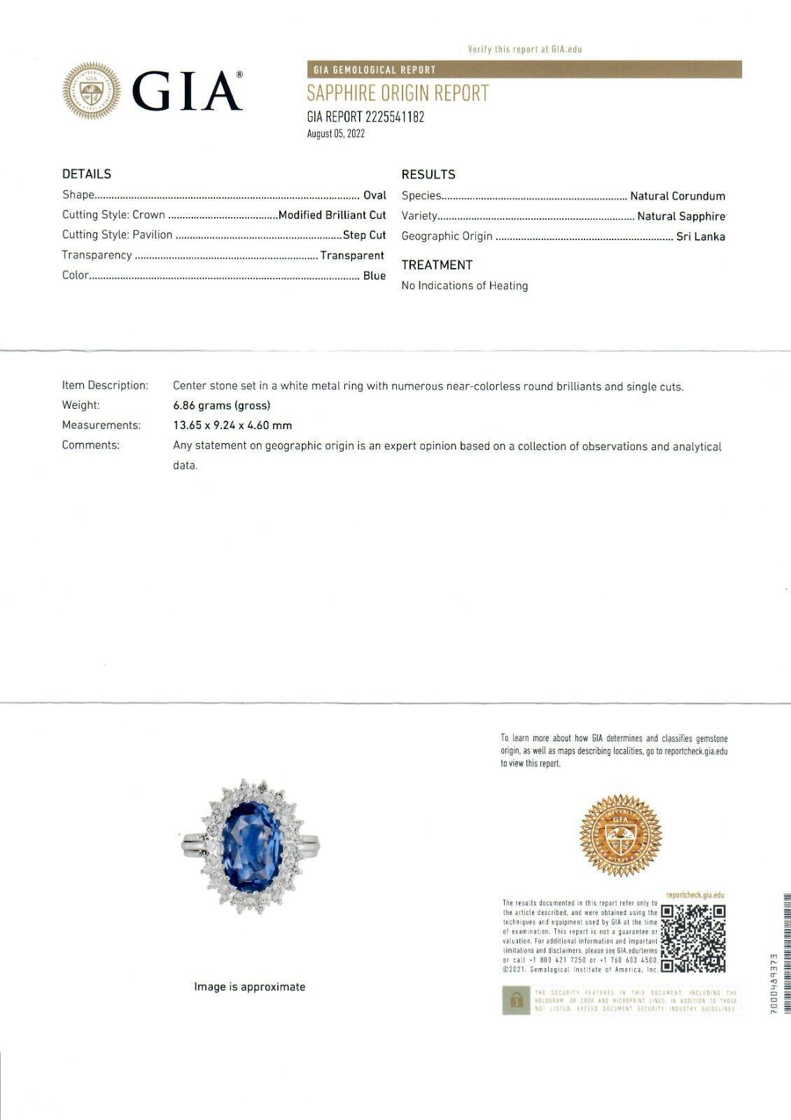 Bague vintage en or 18 carats 5,80ctw GIA Ceylan No Heat Oval Saphir Diamant Dual Halo Ring en vente 6