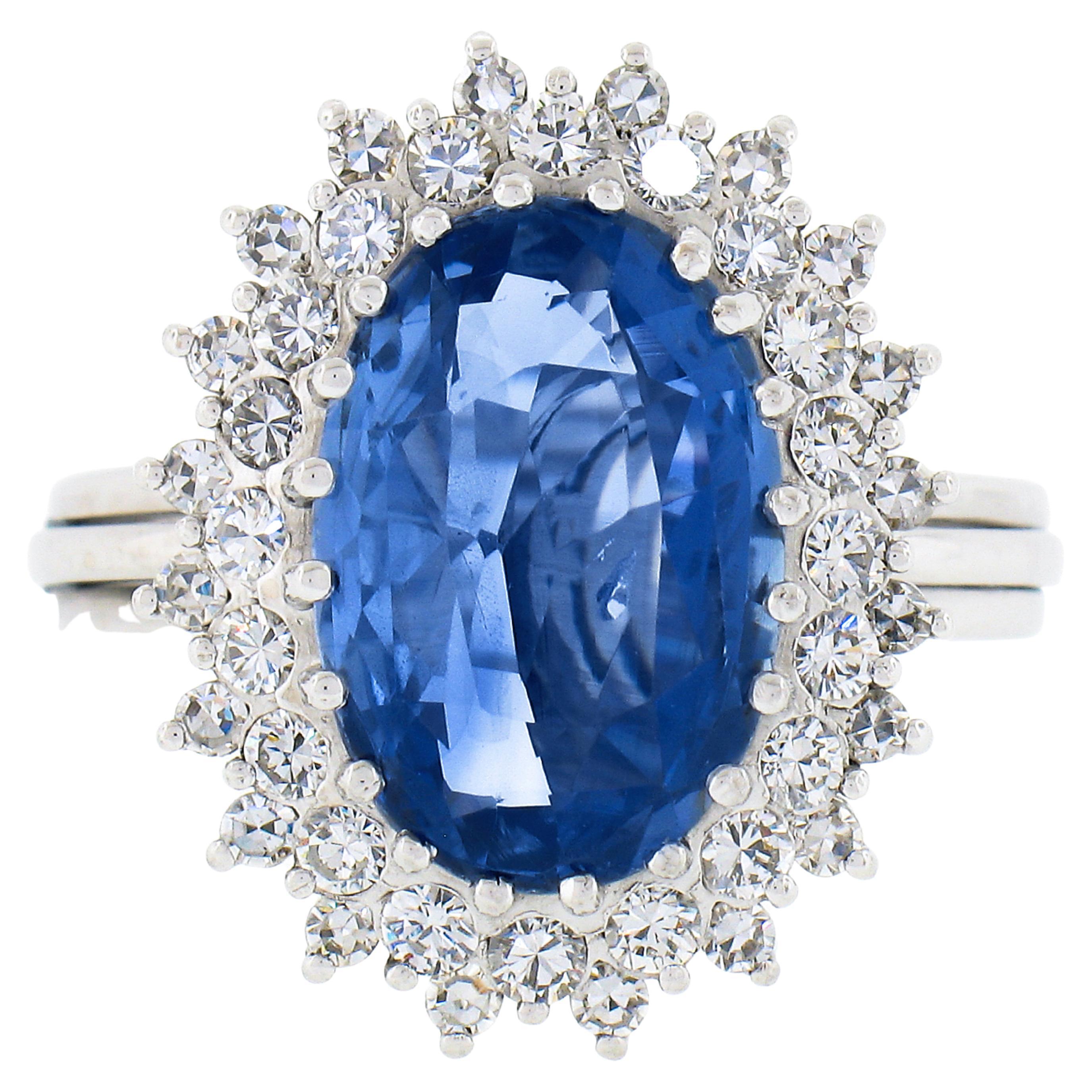 Vintage 18k Gold 5.80ctw GIA Ceylon No Heat Oval Sapphire Diamond Dual Halo Ring For Sale