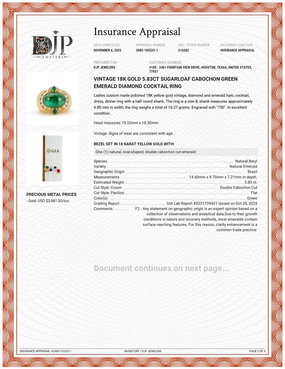 Vintage 18K Gold 5.83ct Sugarloaf Cabochon Grüner Smaragd Diamant Cocktail Ring im Angebot 5