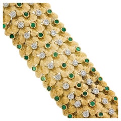 Vintage 18k Gold 5ctw Diamond & Emerald Wide Textured Leaf Work Line Bracelet