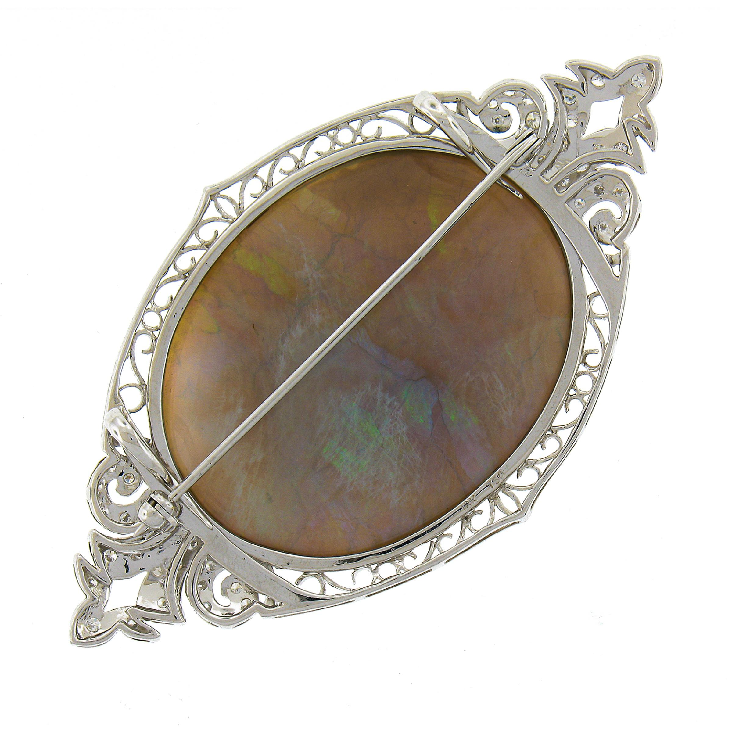 Oval Cut Vintage 18k Gold 61.40ctw GIA Oval Cabochon Opal & Diamond Pin Brooch Pendant For Sale