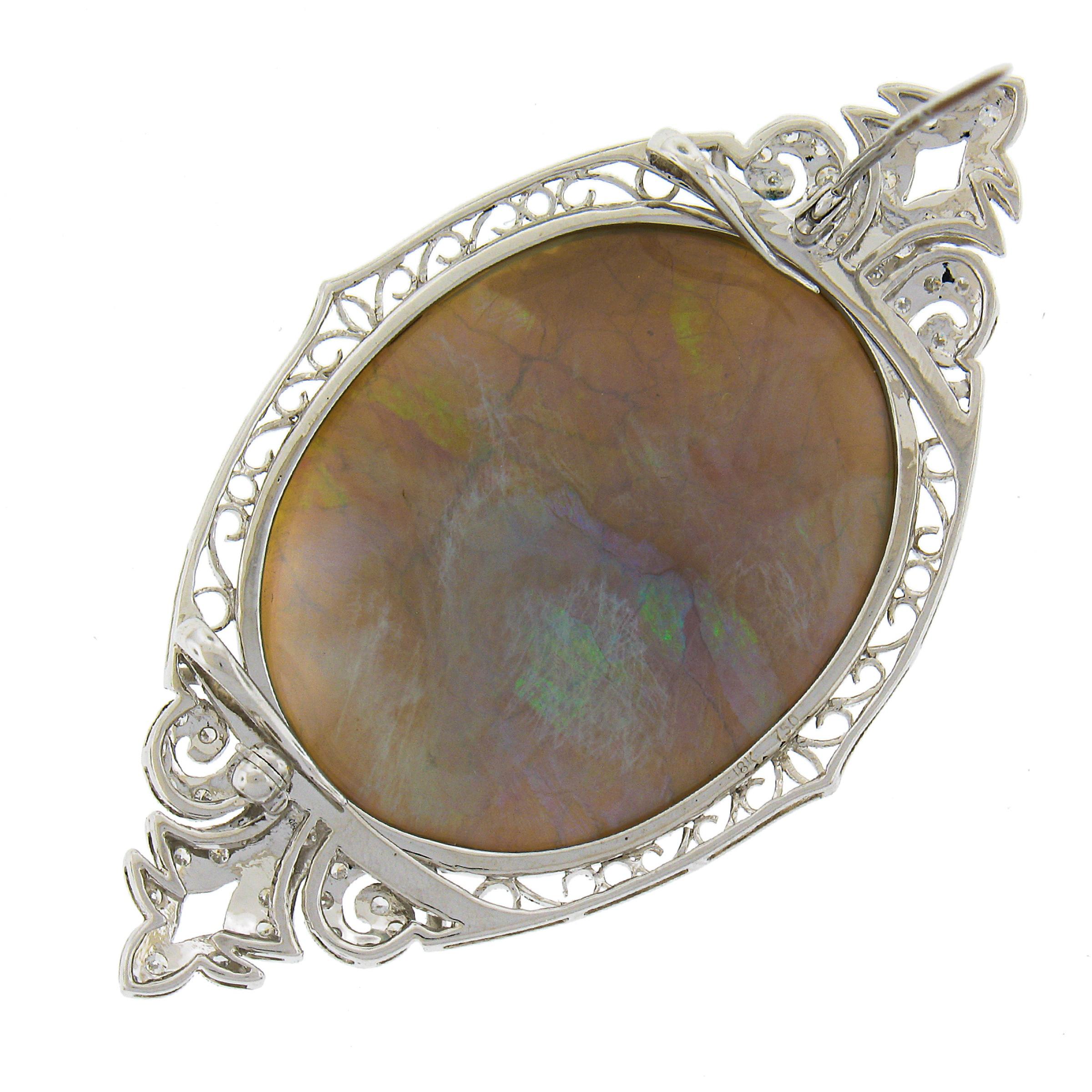 Vintage 18k Gold 61.40ctw GIA Oval Cabochon Opal & Diamond Pin Brooch Pendant In Excellent Condition For Sale In Montclair, NJ
