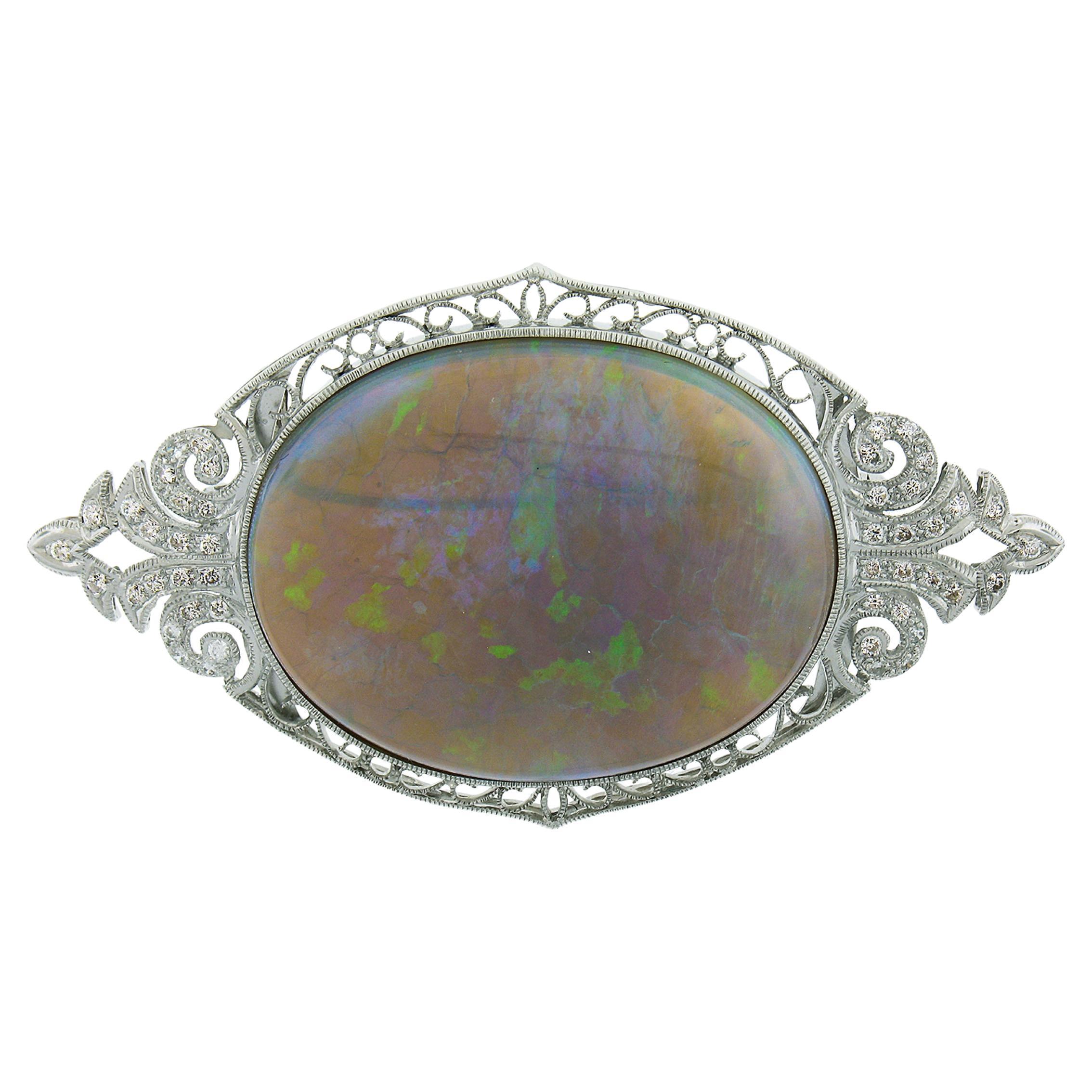 Vintage 18k Gold 61.40ctw GIA Oval Cabochon Opal & Diamond Pin Brooch Pendant For Sale