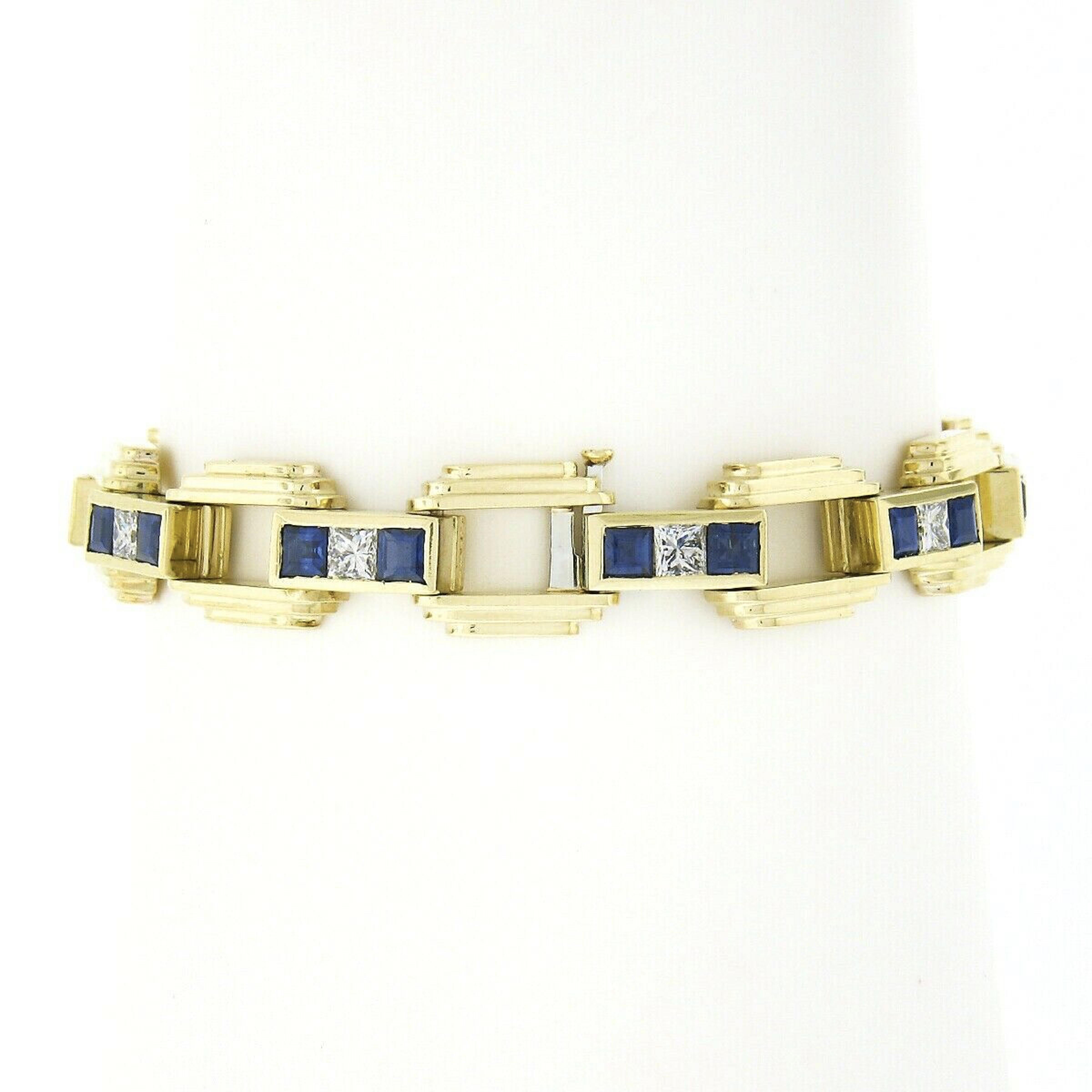Rétro Bracelet à maillons vintage en or 18 carats avec pyramide de saphirs carrés et diamants en vente