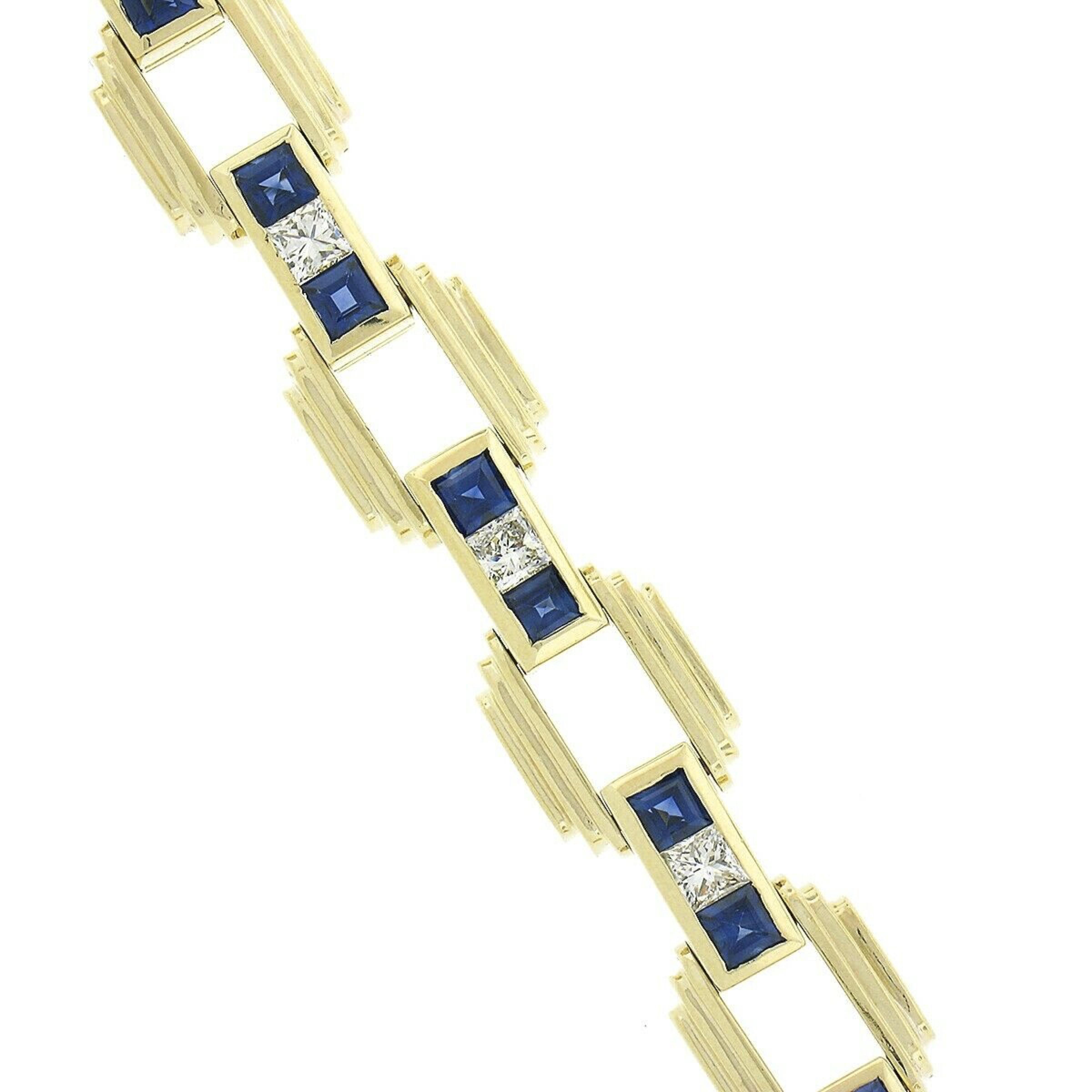 Vintage 18k Gold Square Sapphire & Diamond Channel Pyramid Link Bracelet In Good Condition For Sale In Montclair, NJ