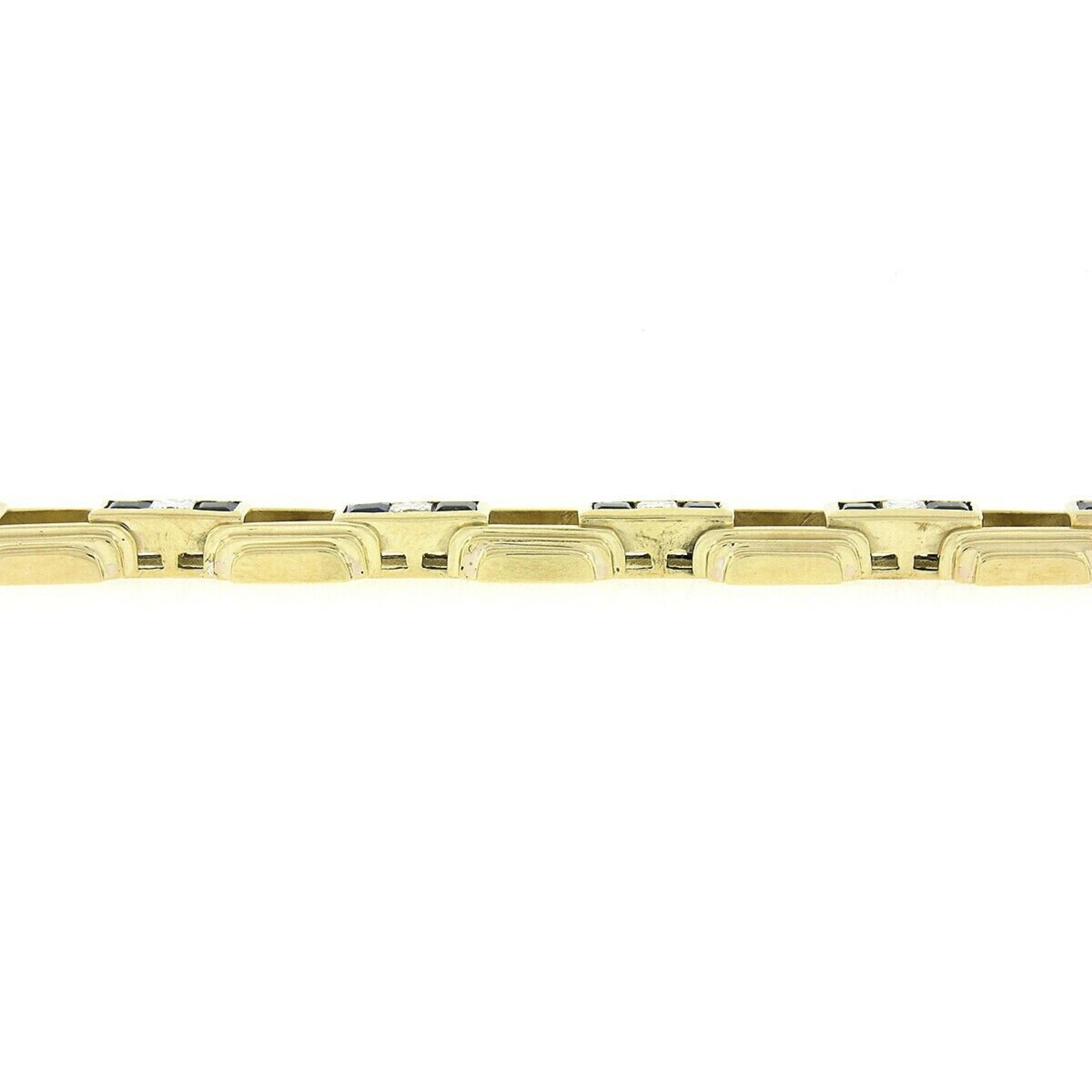 Vintage 18k Gold Square Sapphire & Diamond Channel Pyramid Link Bracelet For Sale 1