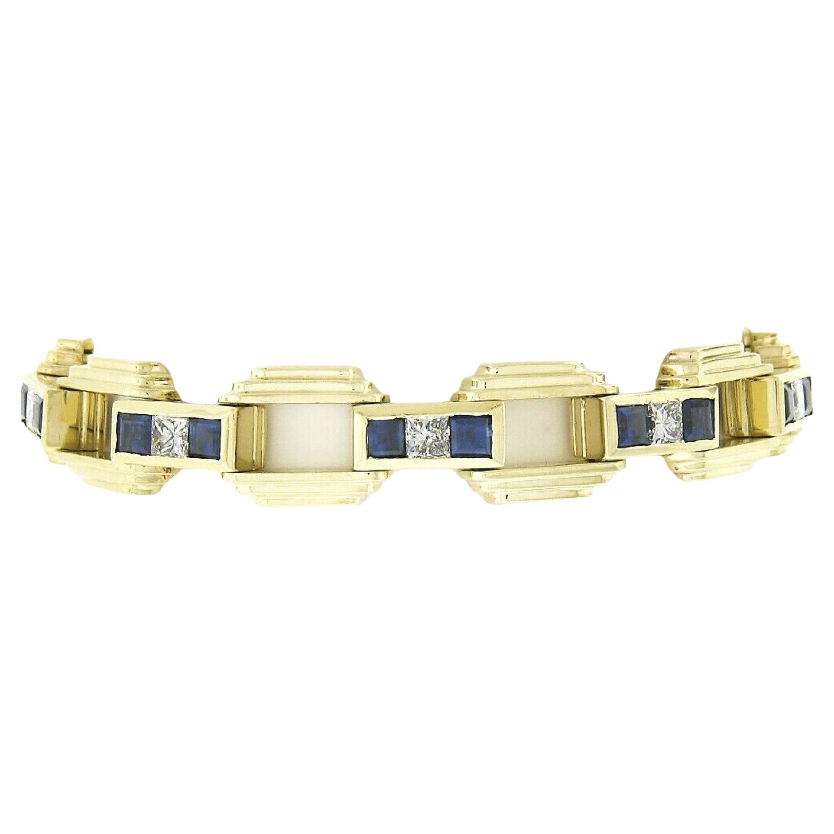 Vintage 18k Gold Square Sapphire & Diamond Channel Pyramid Link Bracelet For Sale
