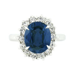 Retro 18k Gold 6.30ct GIA No Heat Oval Sapphire Cocktail Ring w/ Diamond Halo