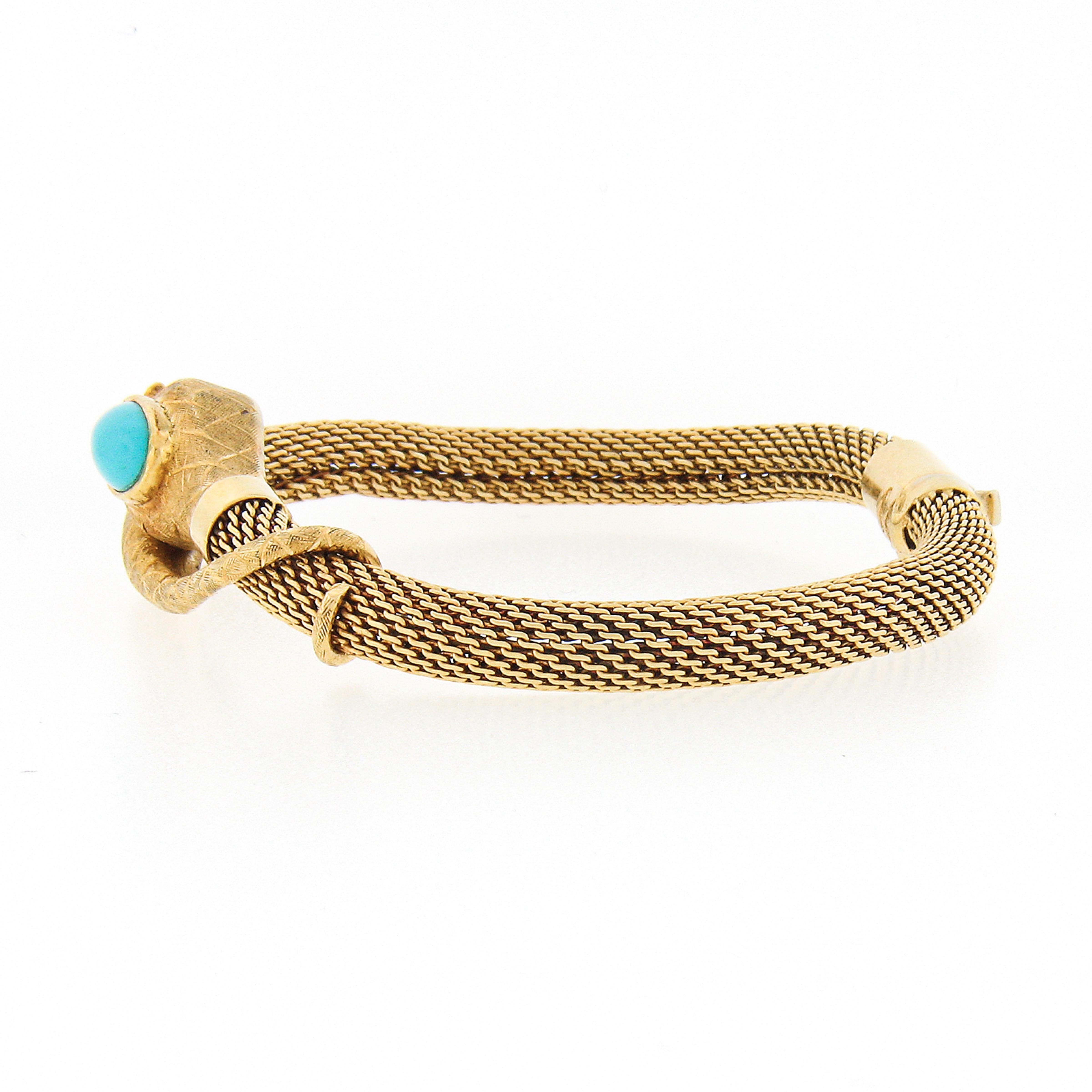 Retro Vintage 18k Gold Turquoise Ruby Tube Mesh Detailed Textured Snake Bracelet