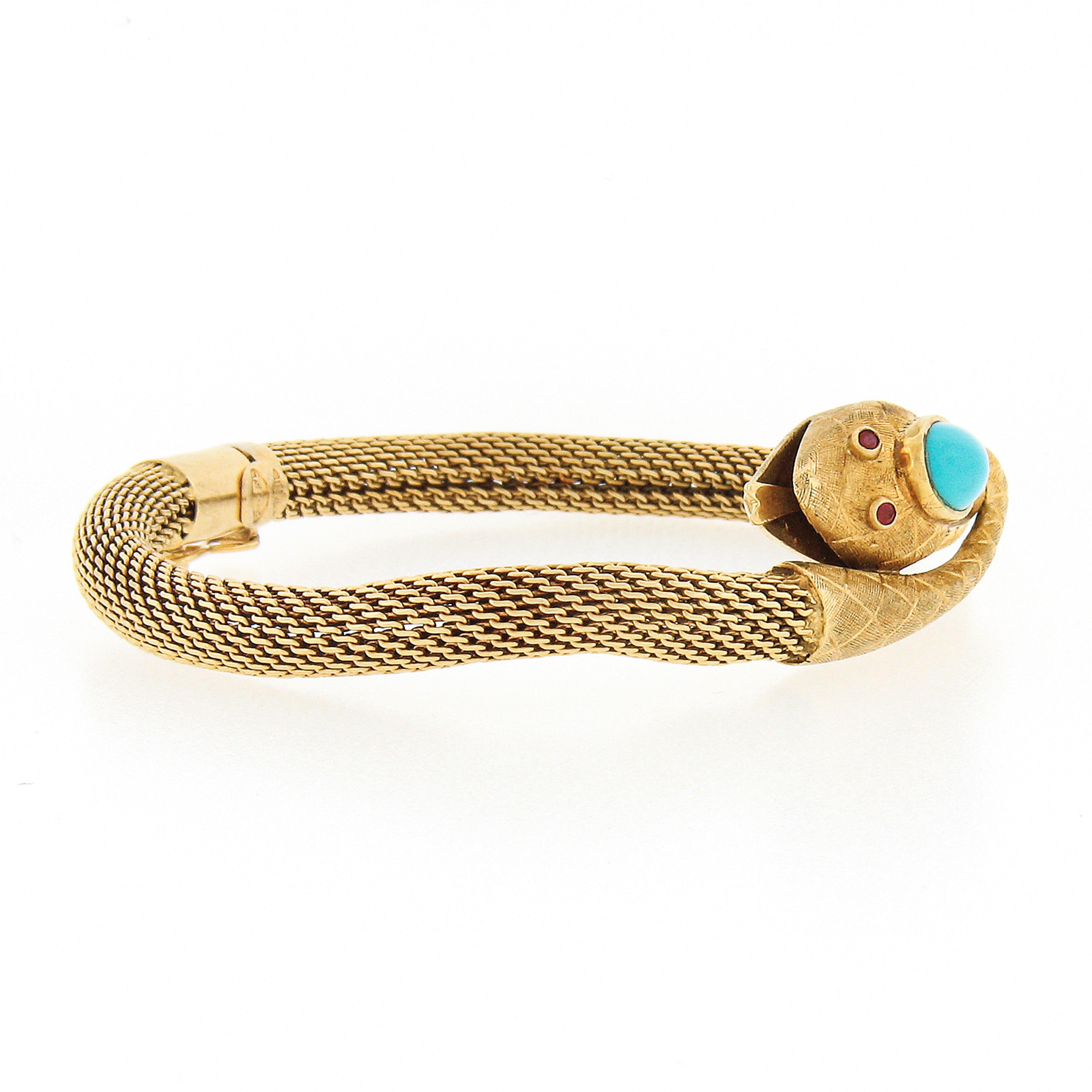 Oval Cut Vintage 18k Gold Turquoise Ruby Tube Mesh Detailed Textured Snake Bracelet