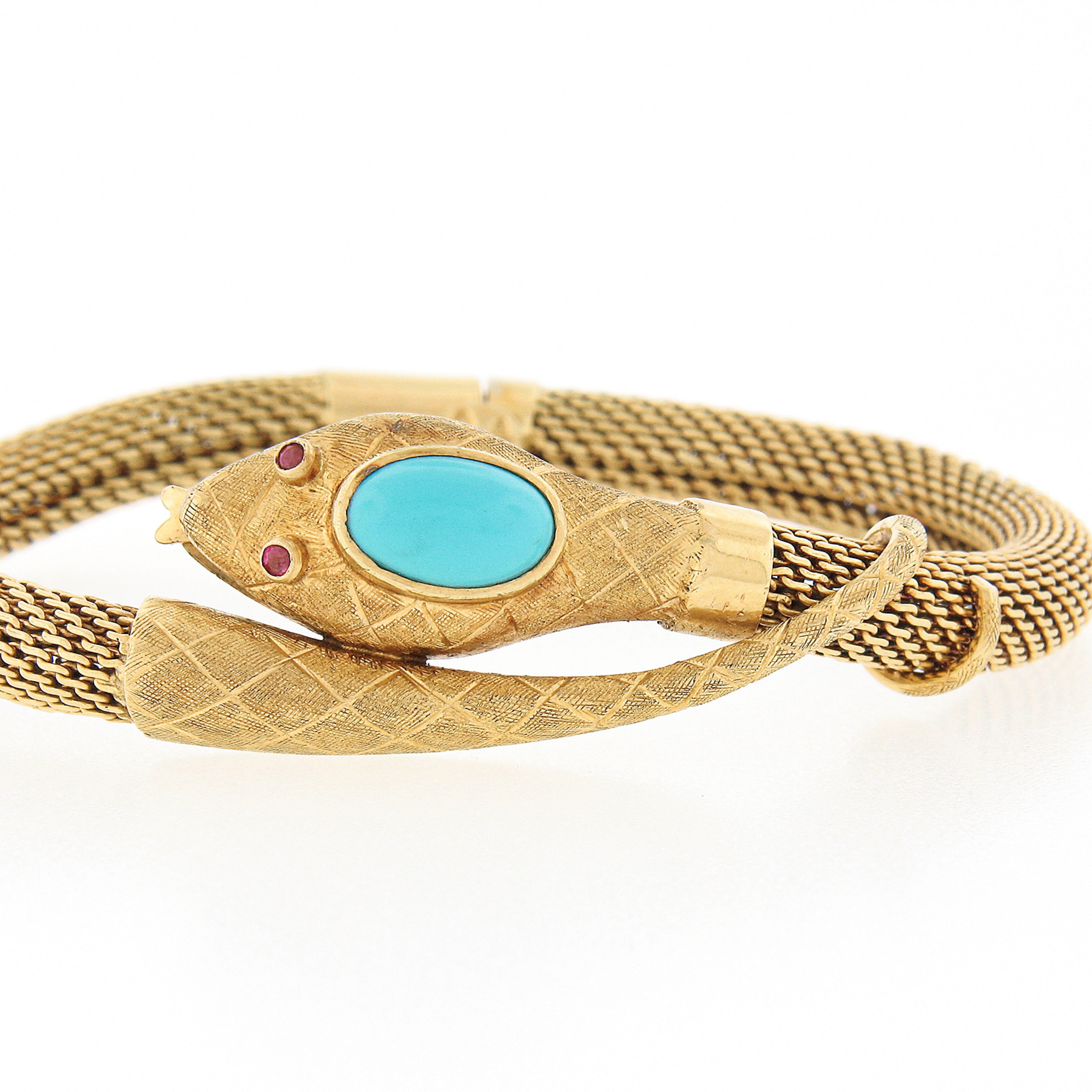 Vintage 18k Gold Turquoise Ruby Tube Mesh Detailed Textured Snake Bracelet 1
