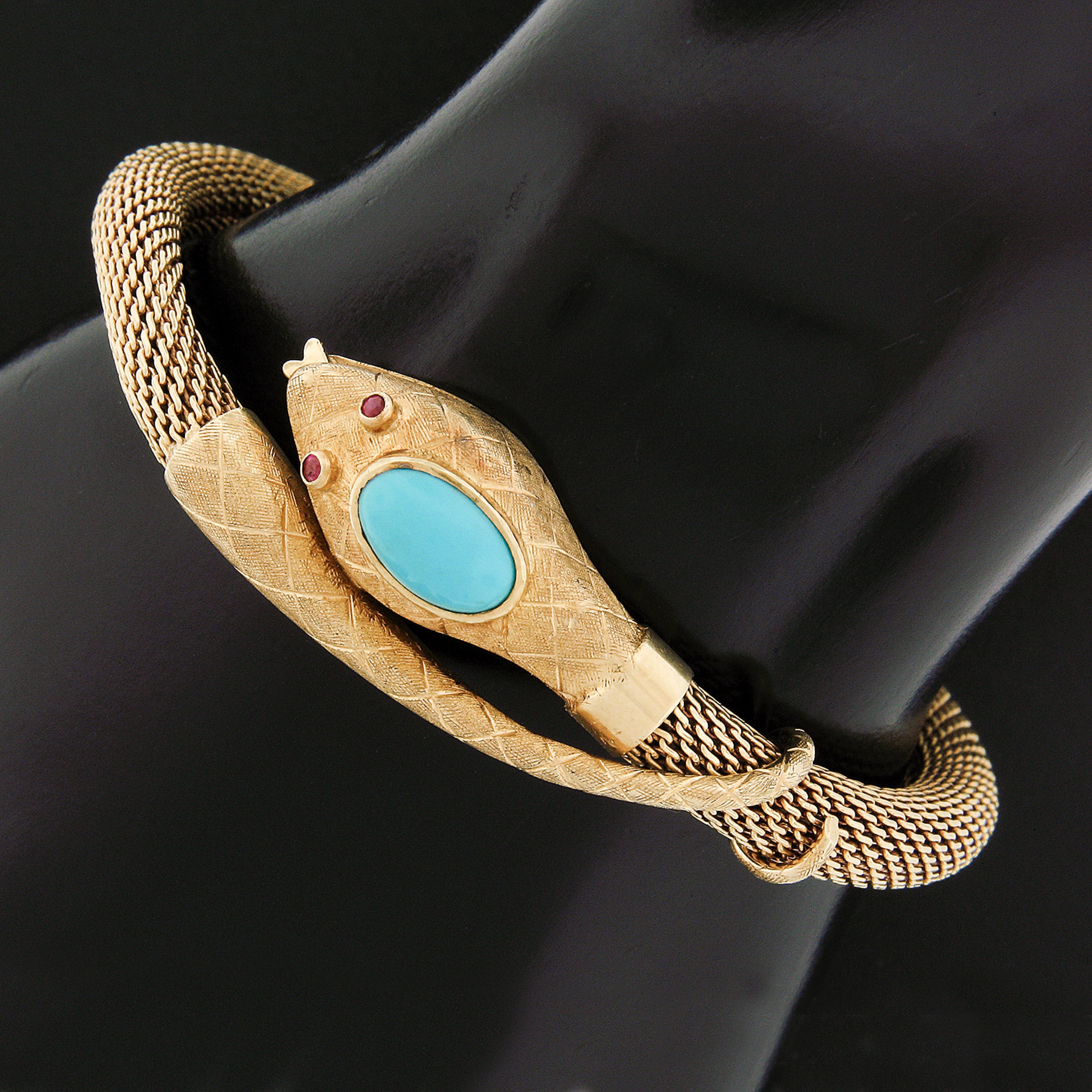 Vintage 18k Gold Turquoise Ruby Tube Mesh Detailed Textured Snake Bracelet 2