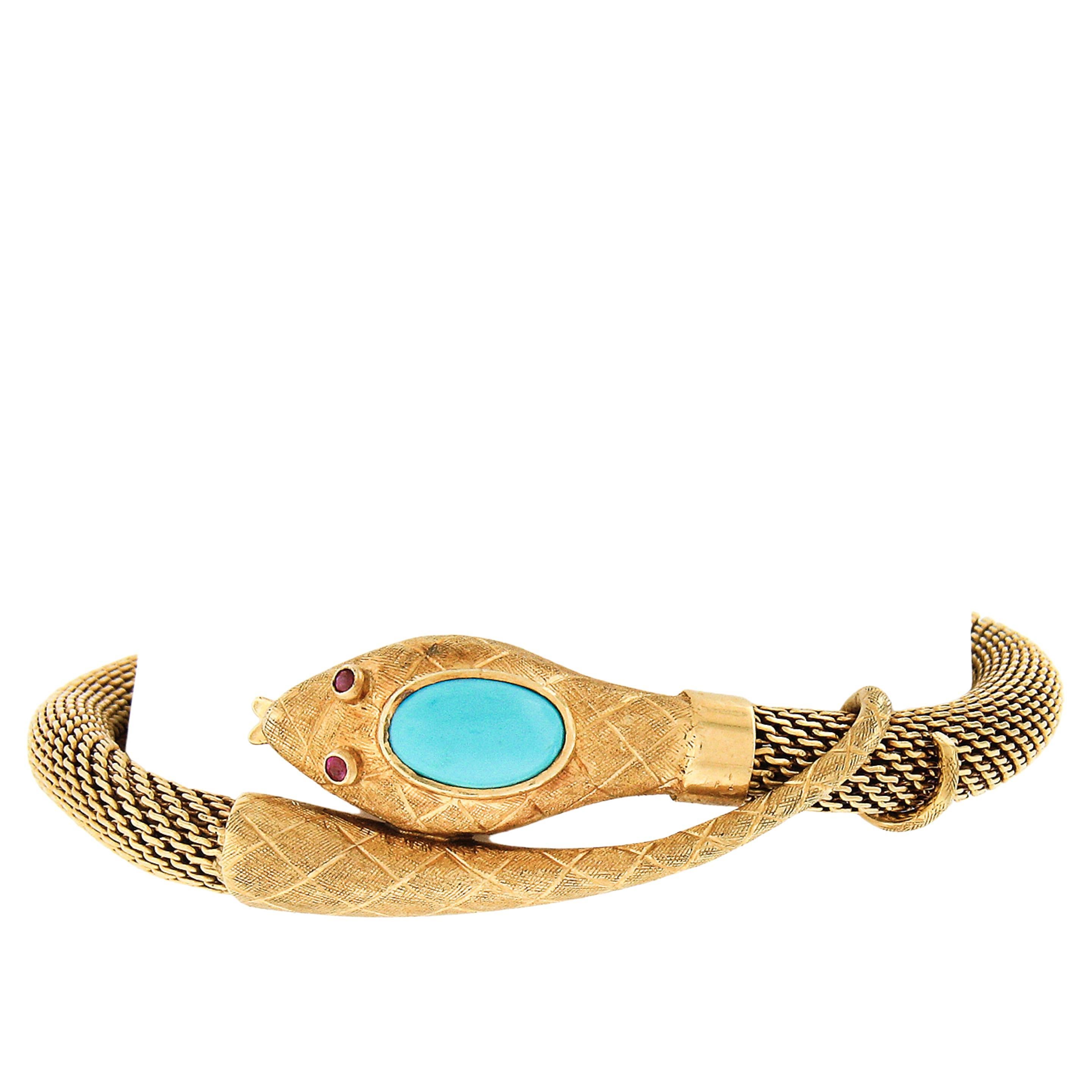 Vintage 18k Gold Turquoise Ruby Tube Mesh Detailed Textured Snake Bracelet