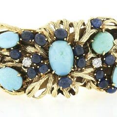 Vintage 18k Gold Turquoise Sapphire & Diamond Textured Wide Cuff Bracelet