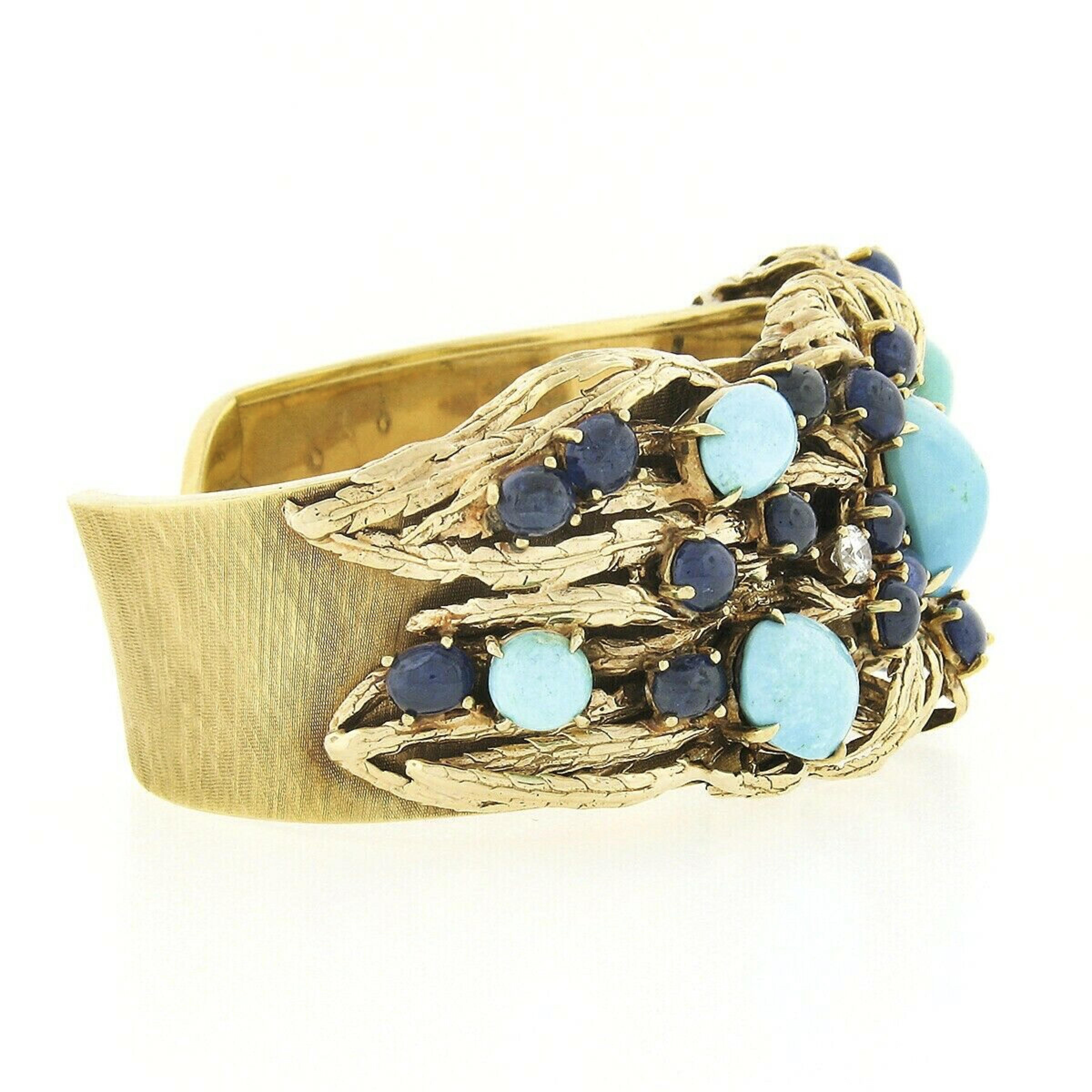 Oval Cut Vintage 18k Gold Turquoise Sapphire & Diamond Textured Wide Cuff Bracelet