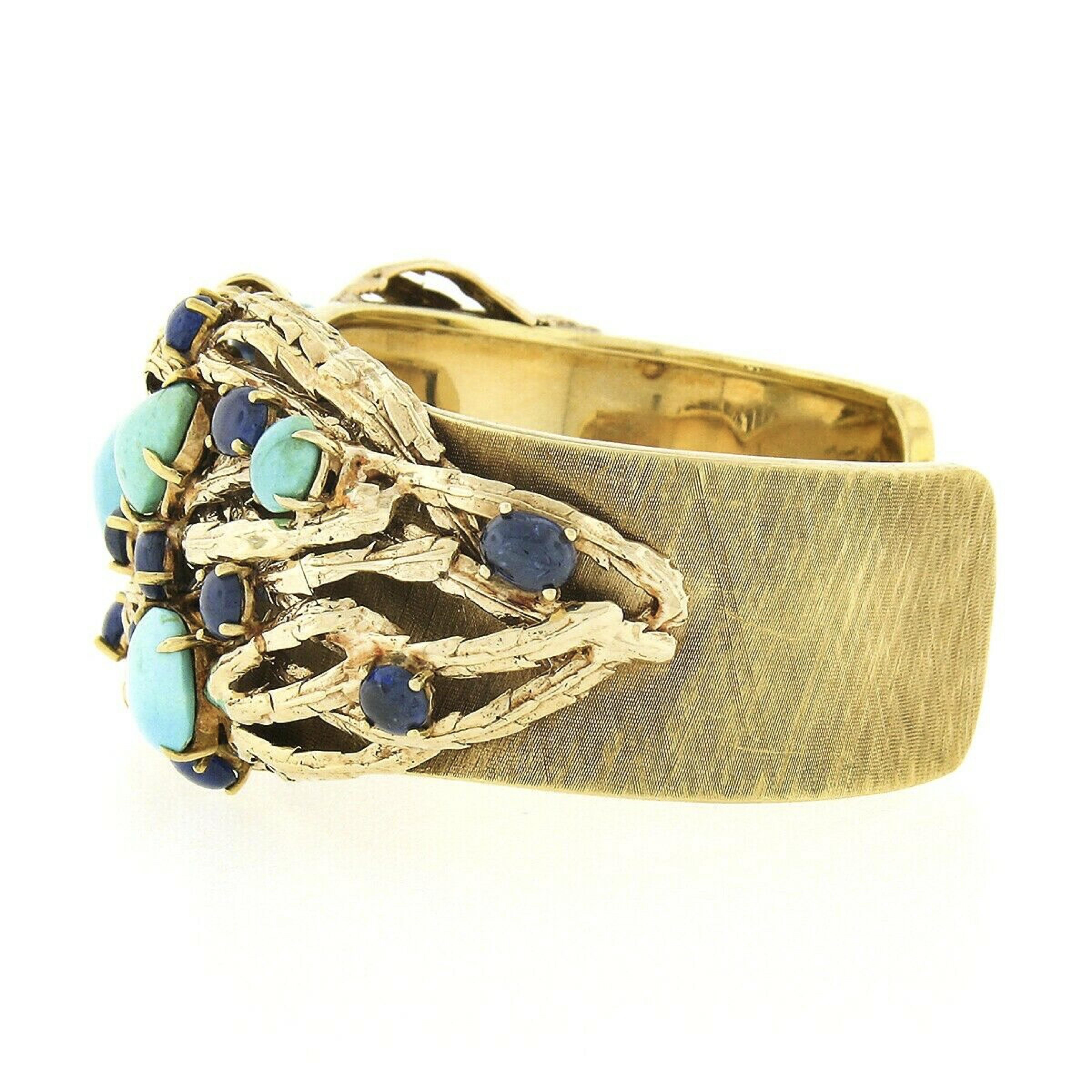 Vintage 18k Gold Turquoise Sapphire & Diamond Textured Wide Cuff Bracelet In Good Condition In Montclair, NJ