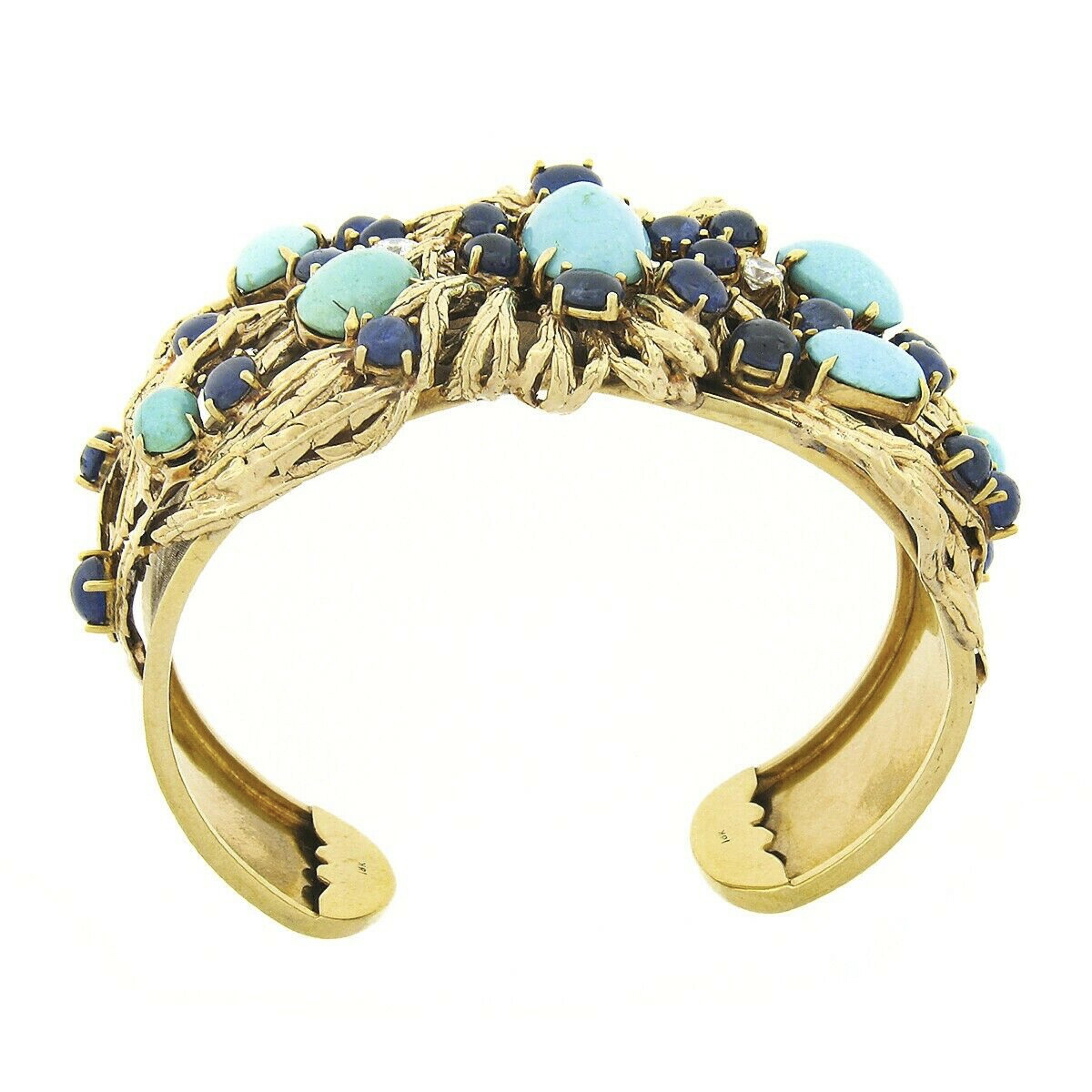 Women's or Men's Vintage 18k Gold Turquoise Sapphire & Diamond Textured Wide Cuff Bracelet