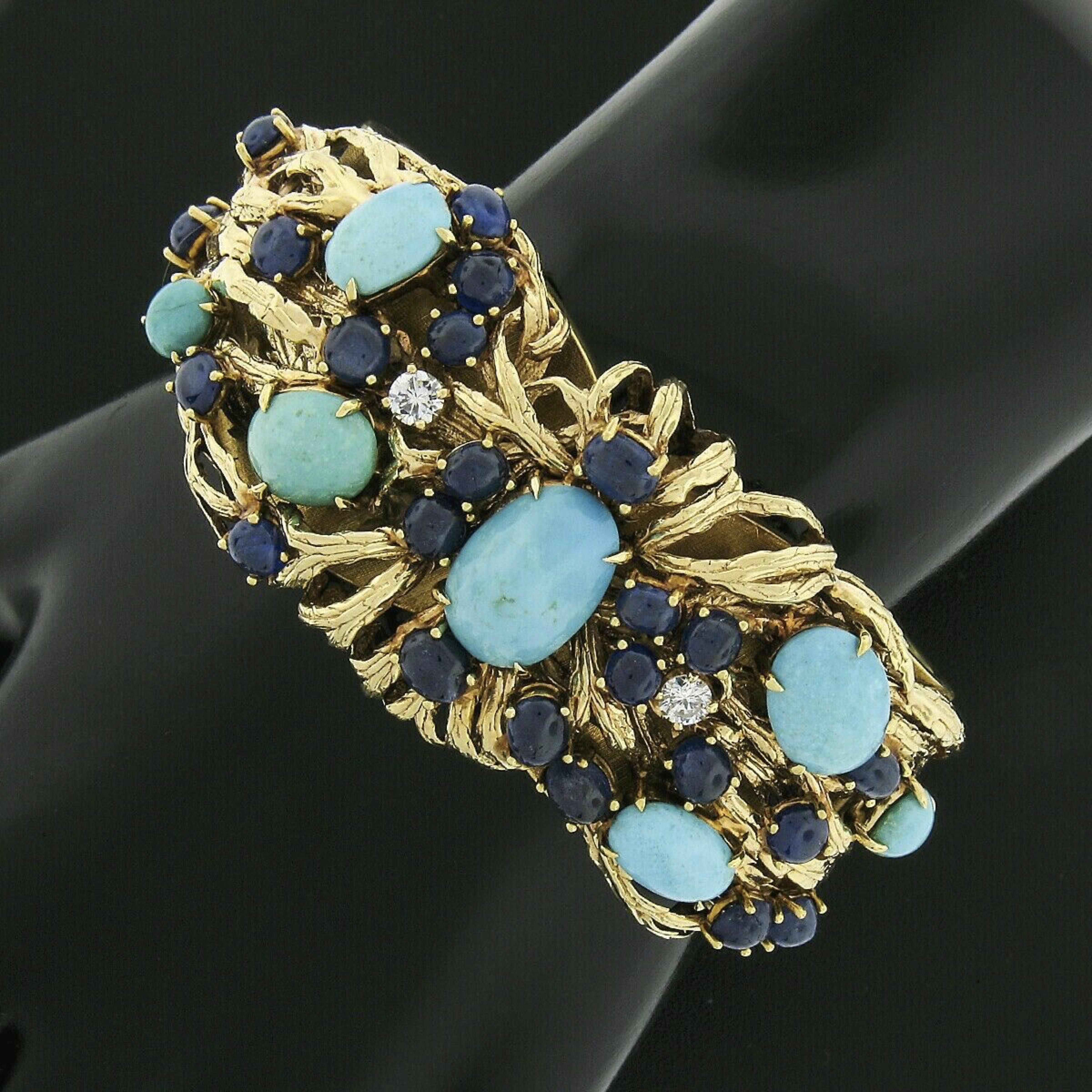 Vintage 18k Gold Turquoise Sapphire & Diamond Textured Wide Cuff Bracelet 1