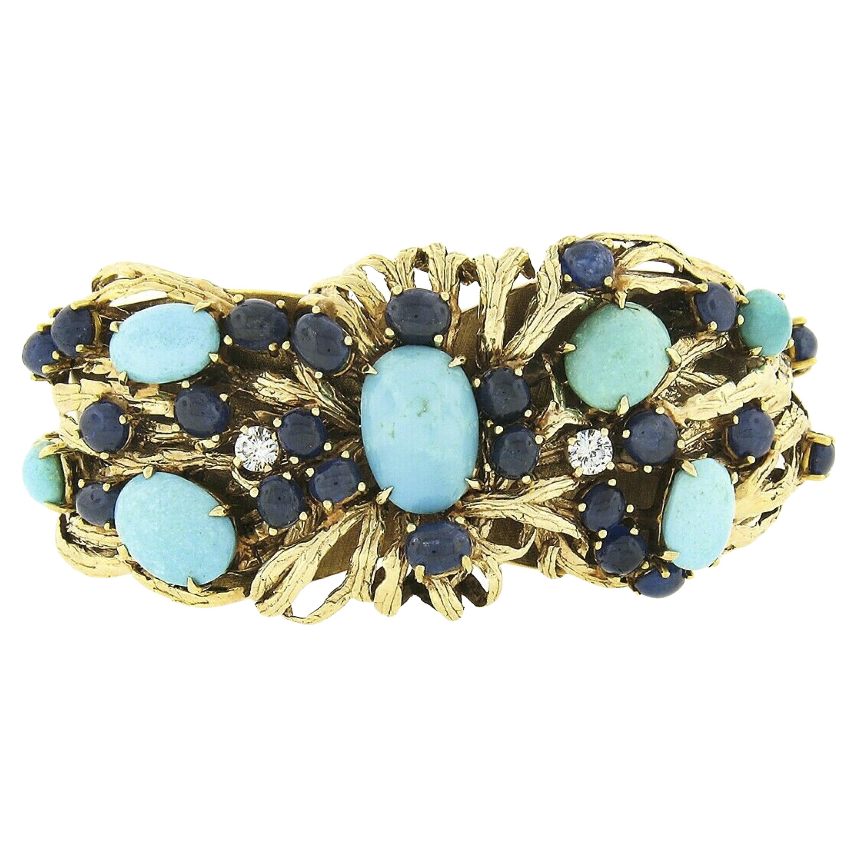 Vintage 18k Gold Turquoise Sapphire & Diamond Textured Wide Cuff Bracelet