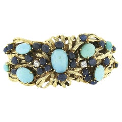 Vintage 18k Gold Turquoise Sapphire & Diamond Textured Wide Cuff Bracelet