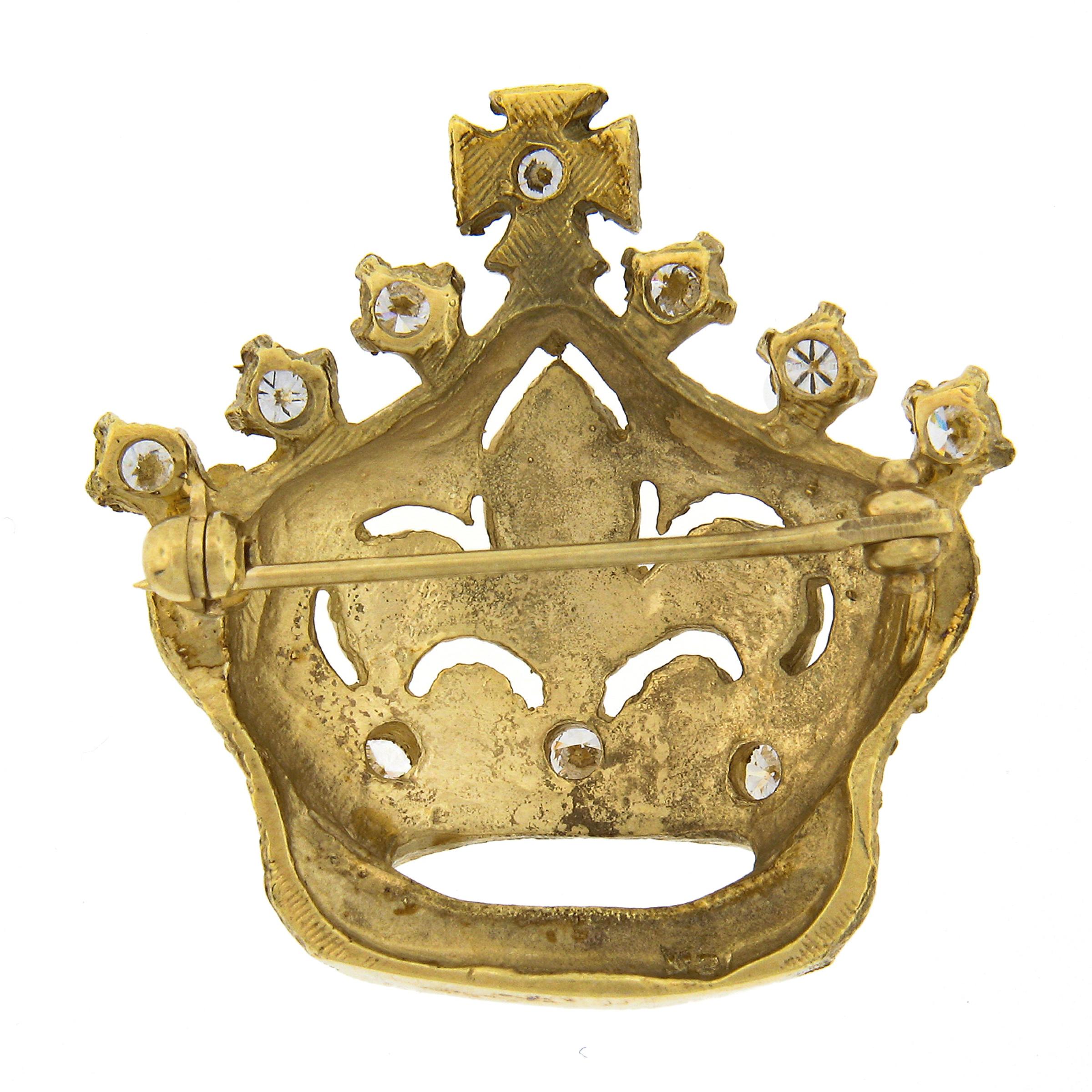 Taille ronde Vintage 18k Gold .65ct Diamond Textured Bead Crown Tiara Fleur De Lis Pin Brooch en vente