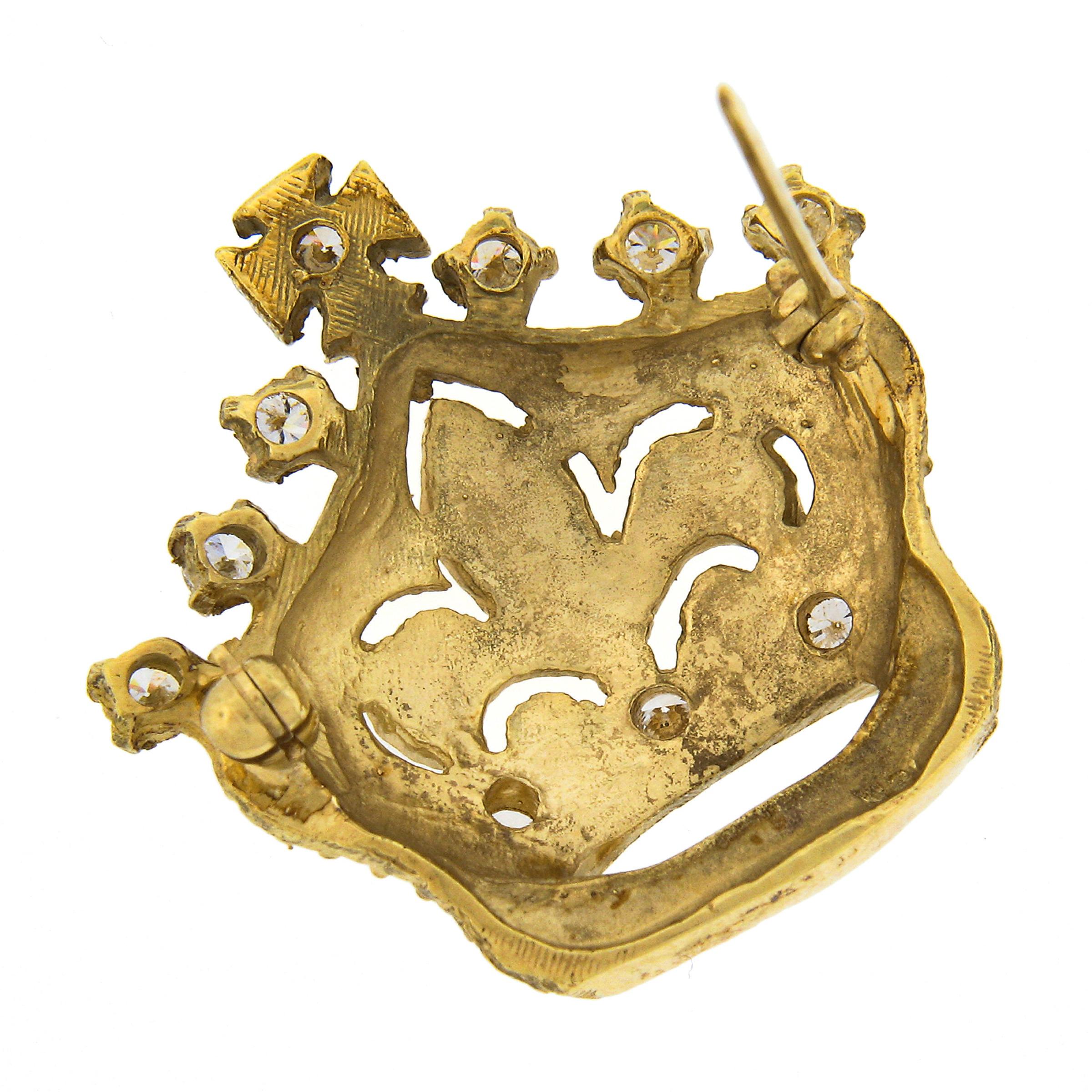 Vintage 18k Gold .65ct Diamond Textured Bead Crown Tiara Fleur De Lis Pin Brooch Excellent état - En vente à Montclair, NJ