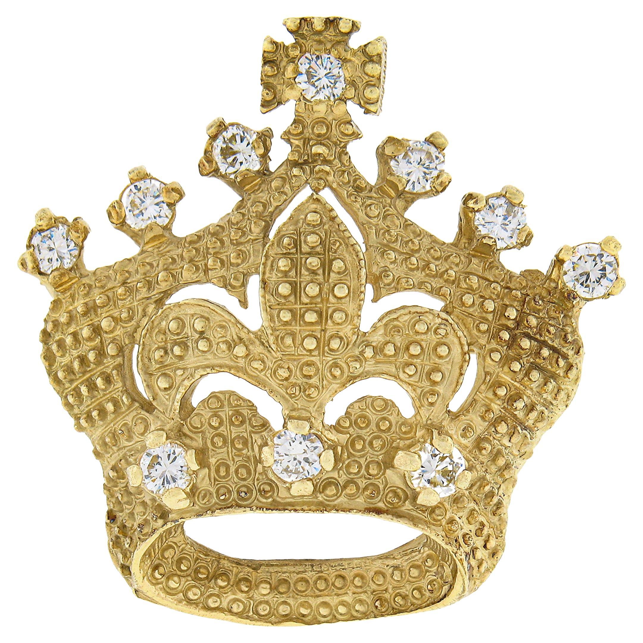 Vintage 18k Gold .65ct Diamond Textured Bead Crown Tiara Fleur De Lis Pin Brooch For Sale