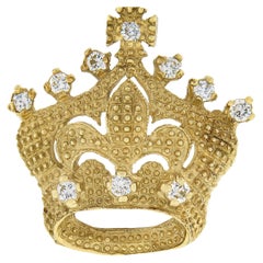Vintage 18k Gold .65ct Diamond Textured Bead Crown Tiara Fleur De Lis Pin Brooch
