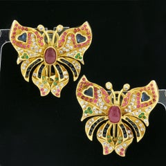 Vintage 18k Gold 6.5ct Multi Color Gemstone Diamond Butterfly Statement Earrings