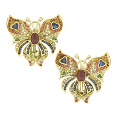 Vintage 18k Gold 6.5ct Multi Color Gemstone Diamond Butterfly Statement Earrings
