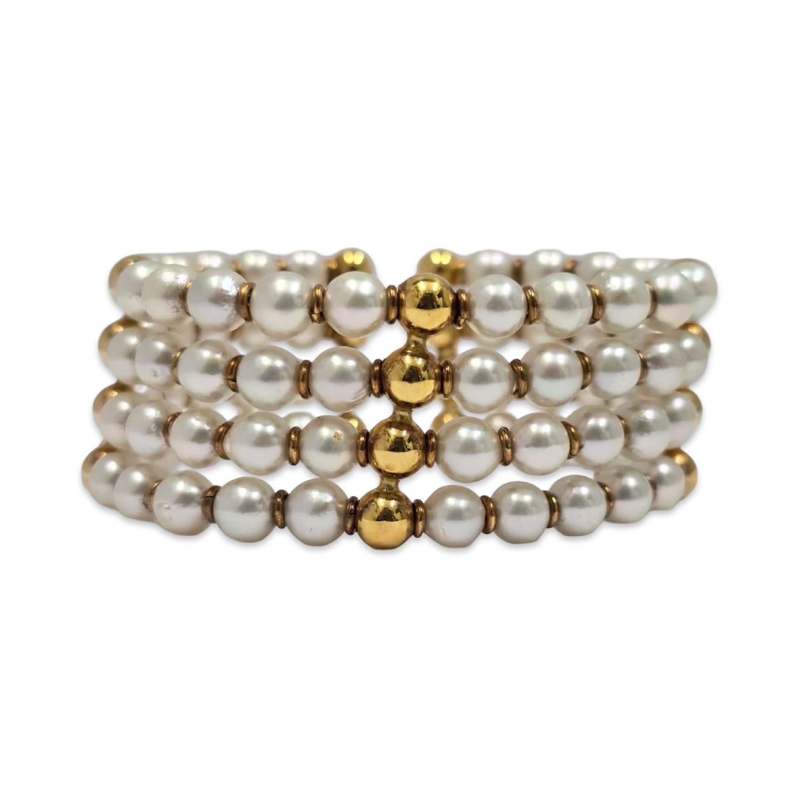 Donna Bracciale strutturale d'epoca in oro 18 carati e perle coltivate da 6,5 mm a cinque file in vendita