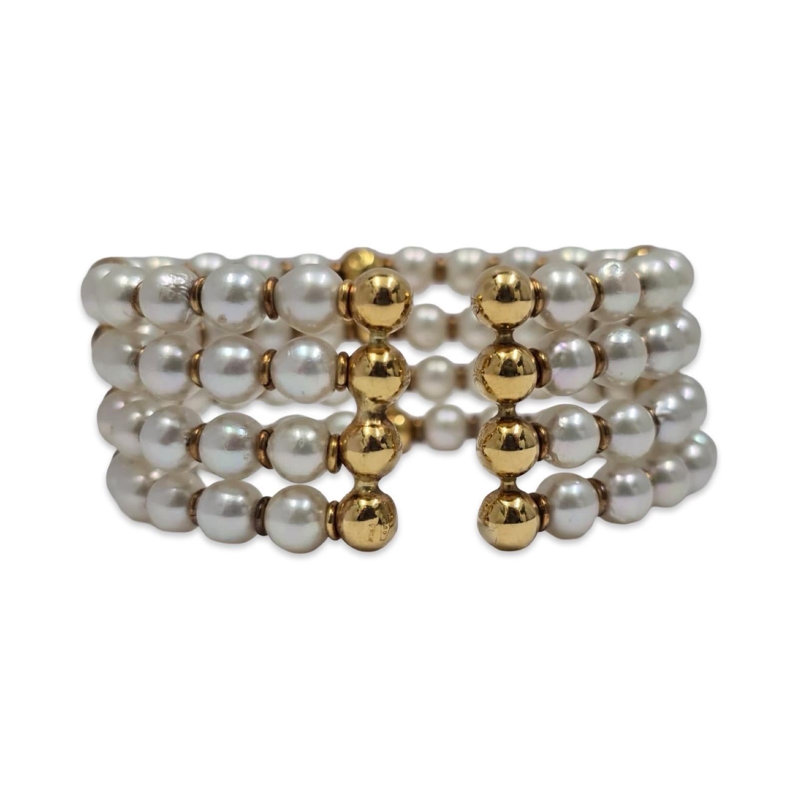 Bracciale strutturale d'epoca in oro 18 carati e perle coltivate da 6,5 mm a cinque file in vendita 1