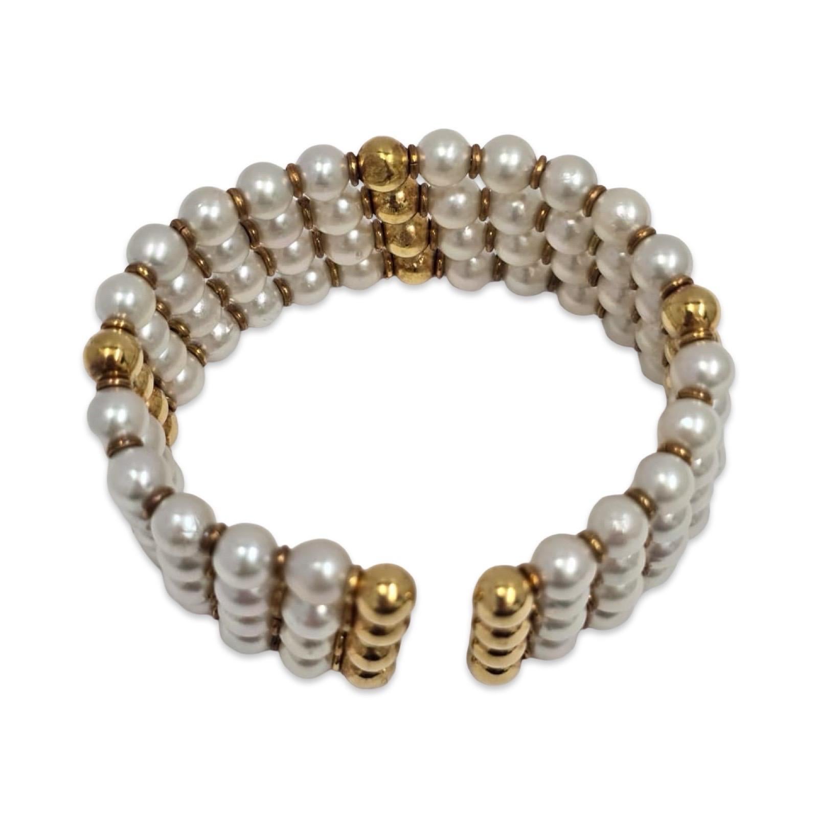 Bracciale strutturale d'epoca in oro 18 carati e perle coltivate da 6,5 mm a cinque file in vendita 2