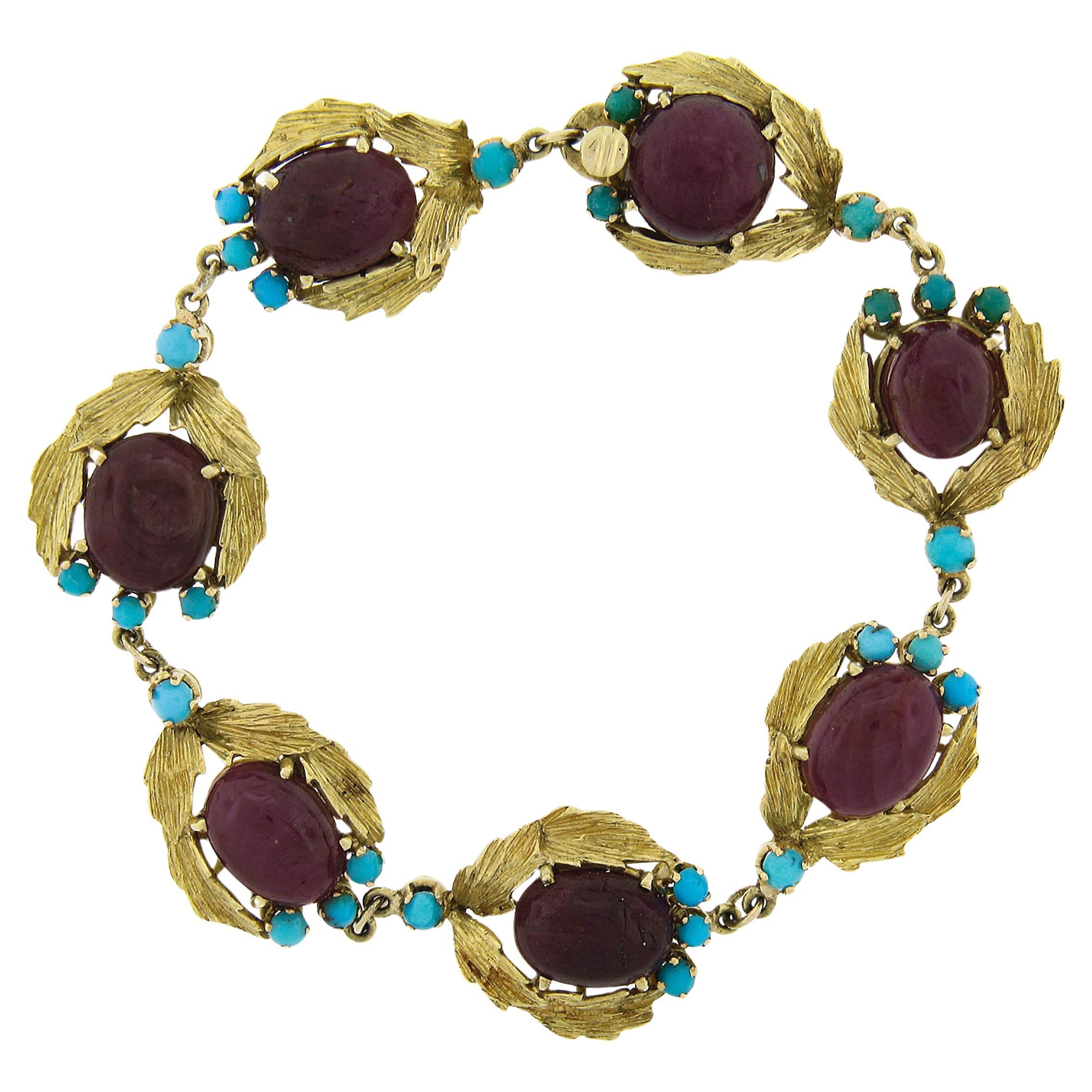 Vintage 18K Gold 6.75" Cabochon Ruby & Turquoise Textured Leaf Link Bracelet For Sale