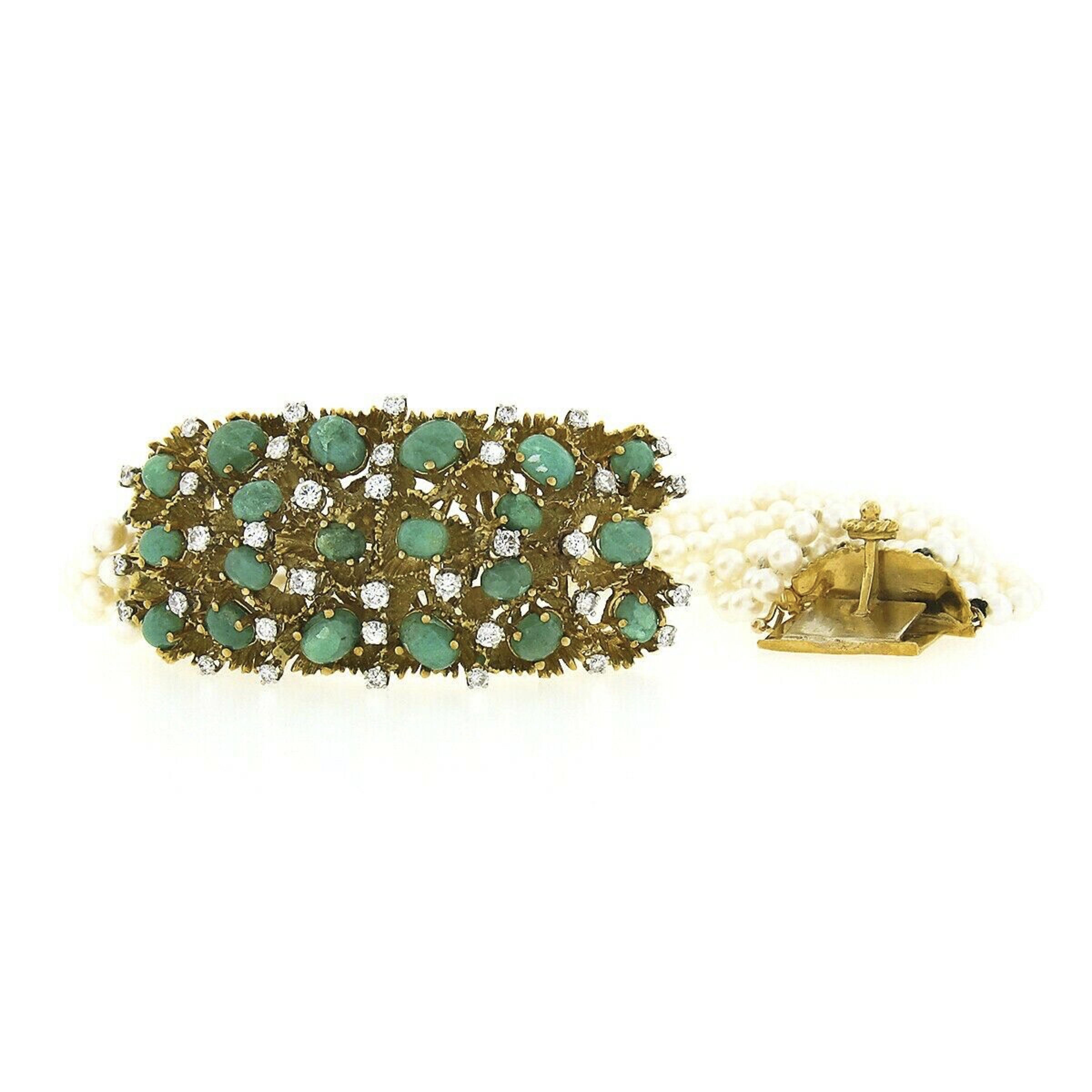 Perle Bracelet vintage à 12 rangs de perles en or 18 carats avec diamants 14,65 carats et émeraudes cabochons en vente