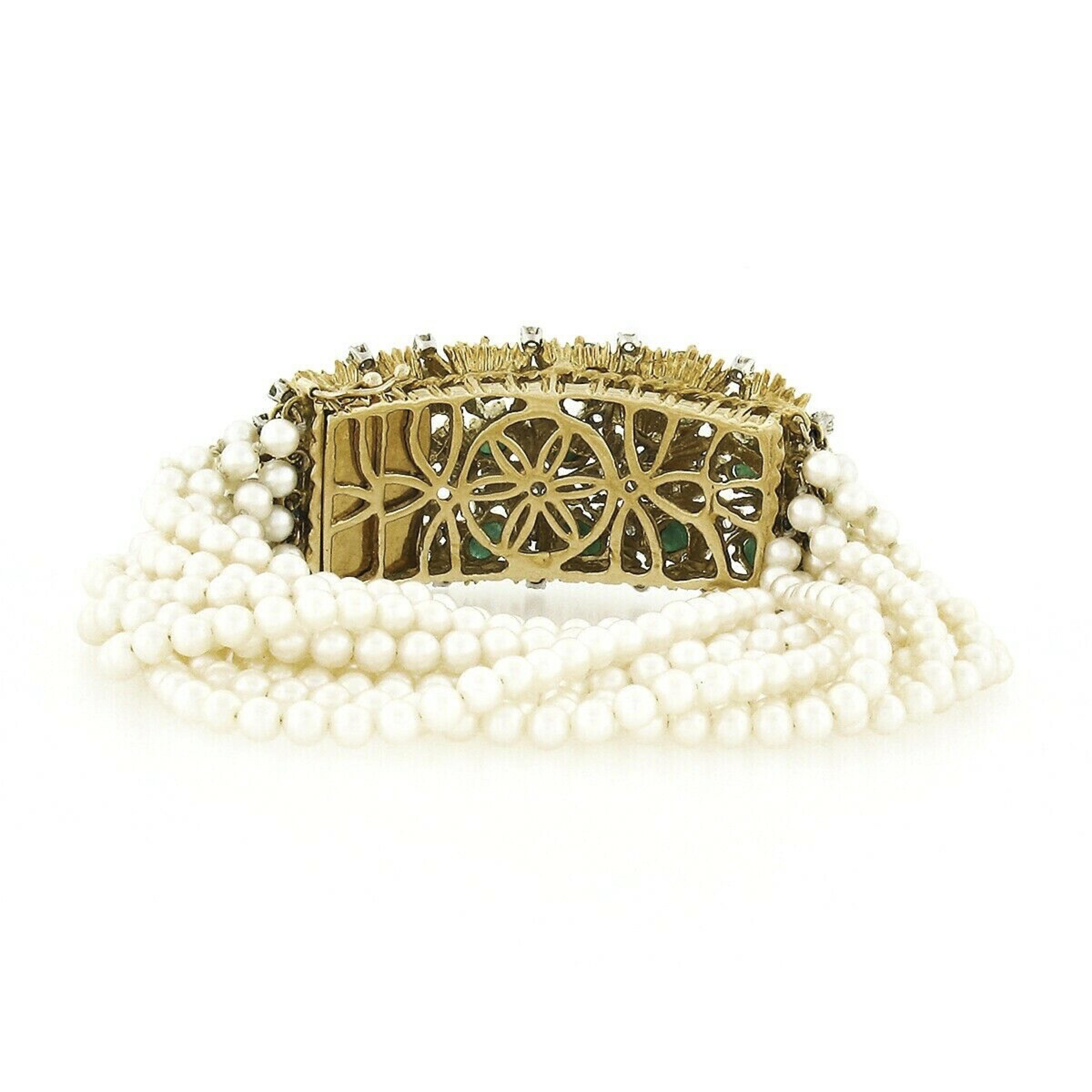 Bracelet vintage à 12 rangs de perles en or 18 carats avec diamants 14,65 carats et émeraudes cabochons Bon état - En vente à Montclair, NJ