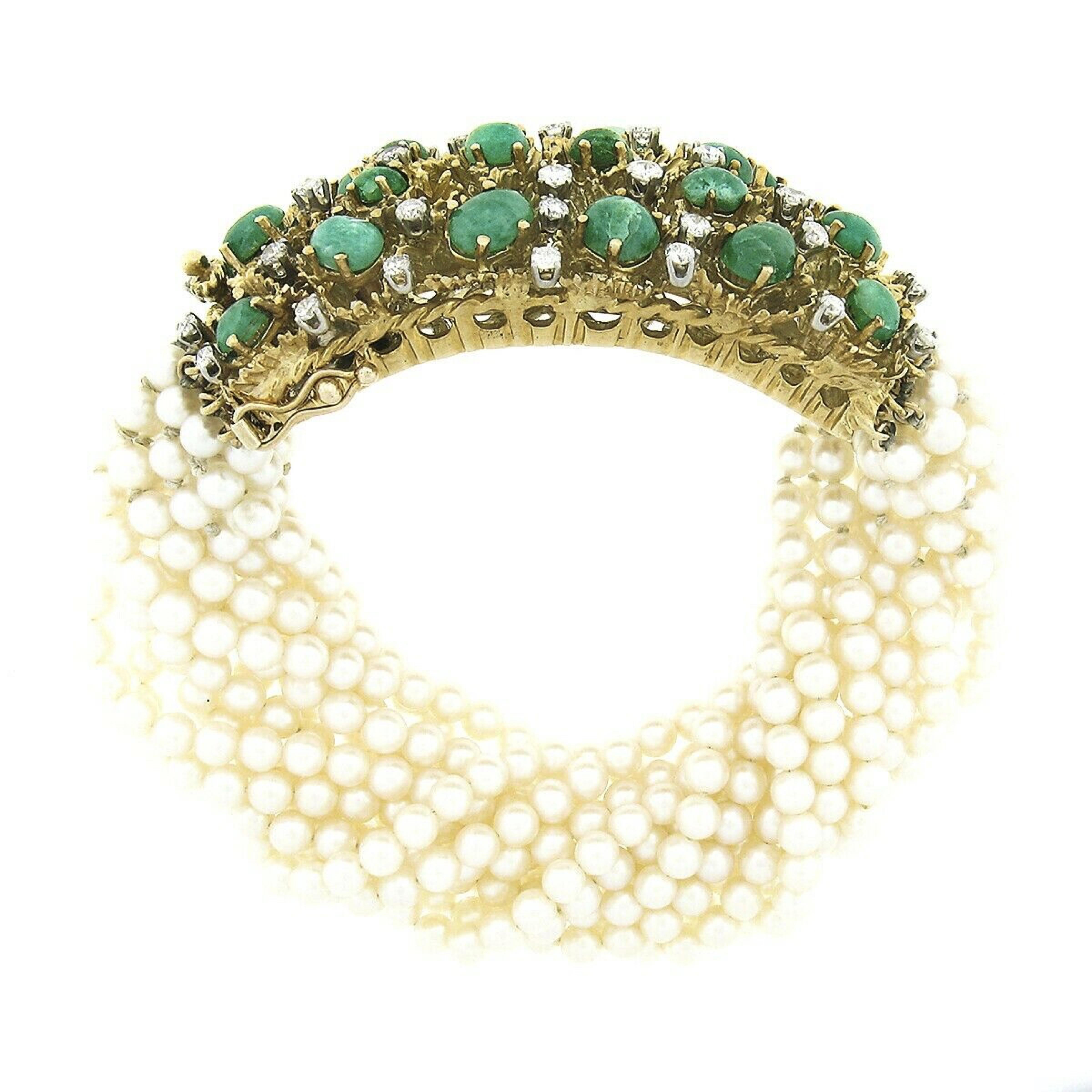 Bracelet vintage à 12 rangs de perles en or 18 carats avec diamants 14,65 carats et émeraudes cabochons Pour femmes en vente