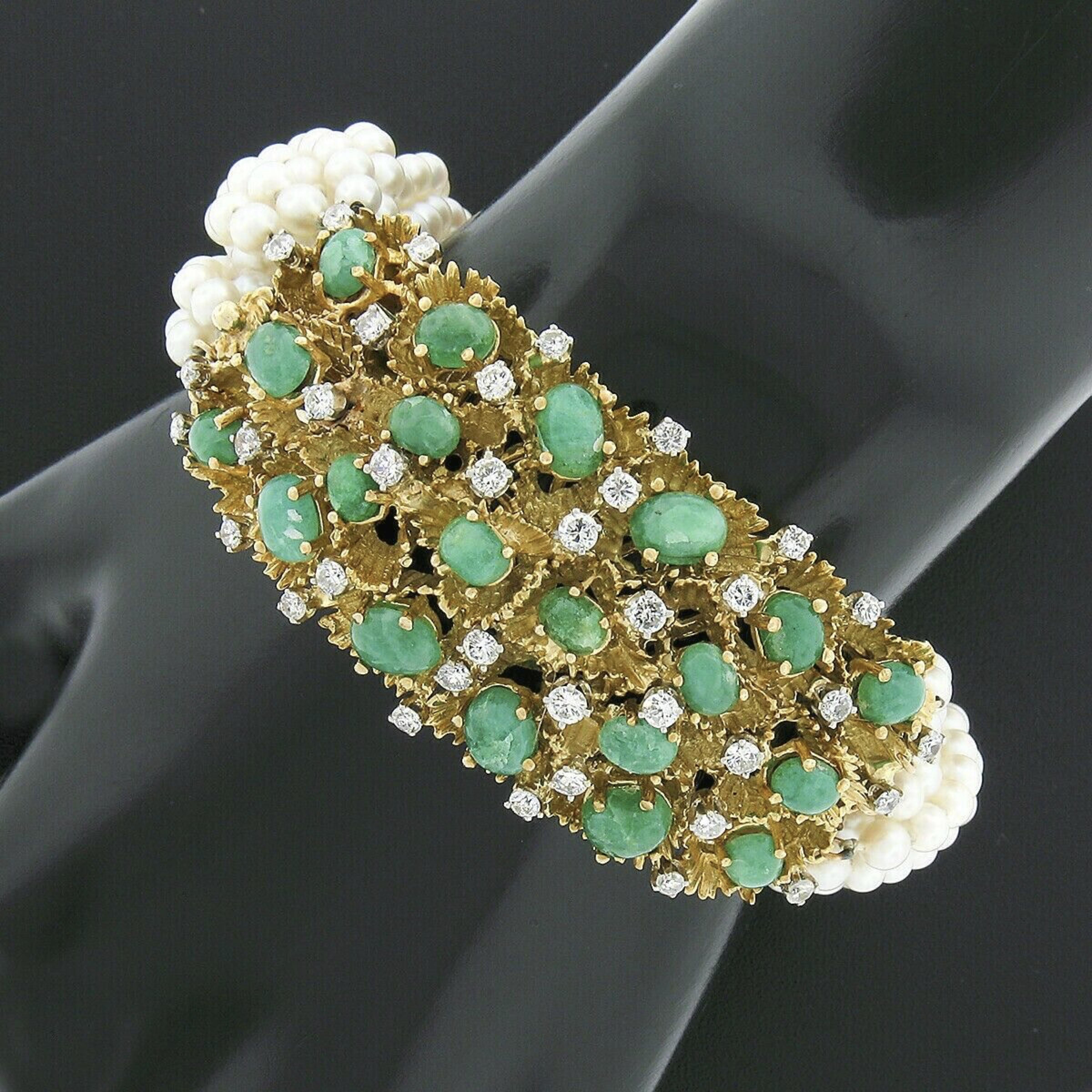 Vintage 18k Gold 14.65ctw Diamond & Cabochon Emerald 12 Strand Pearl Bracelet In Good Condition In Montclair, NJ