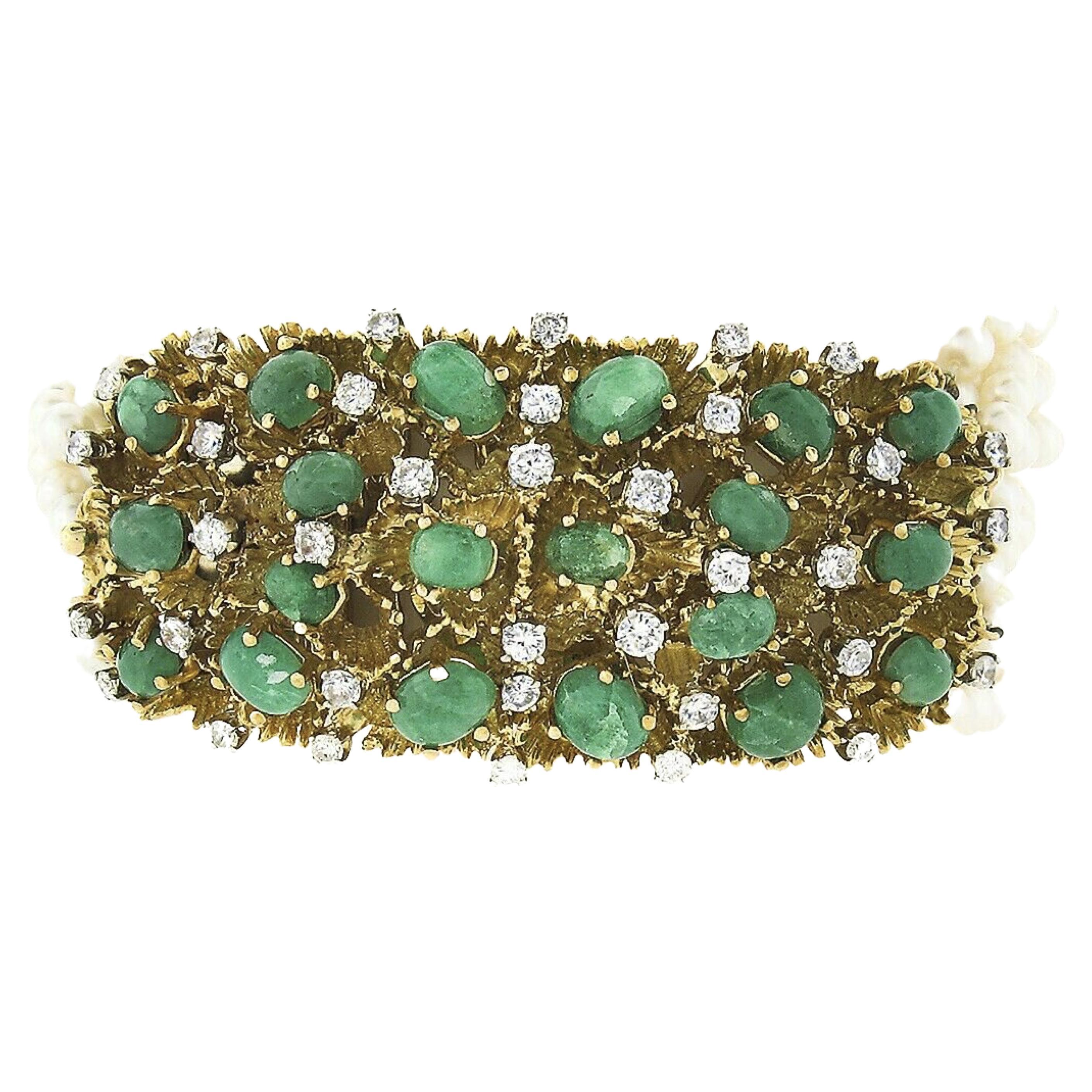 Vintage 18k Gold 14.65ctw Diamond & Cabochon Emerald 12 Strand Pearl Bracelet For Sale