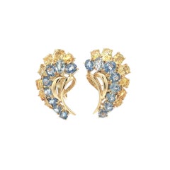 Vintage 18k Gold 7.78ct Oval Yellow & Blue Sapphire Cluster Screw On Earrings