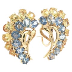 Vintage 18k Gold 7.78ct Oval Yellow & Blue Sapphire Cluster Screw On Earrings