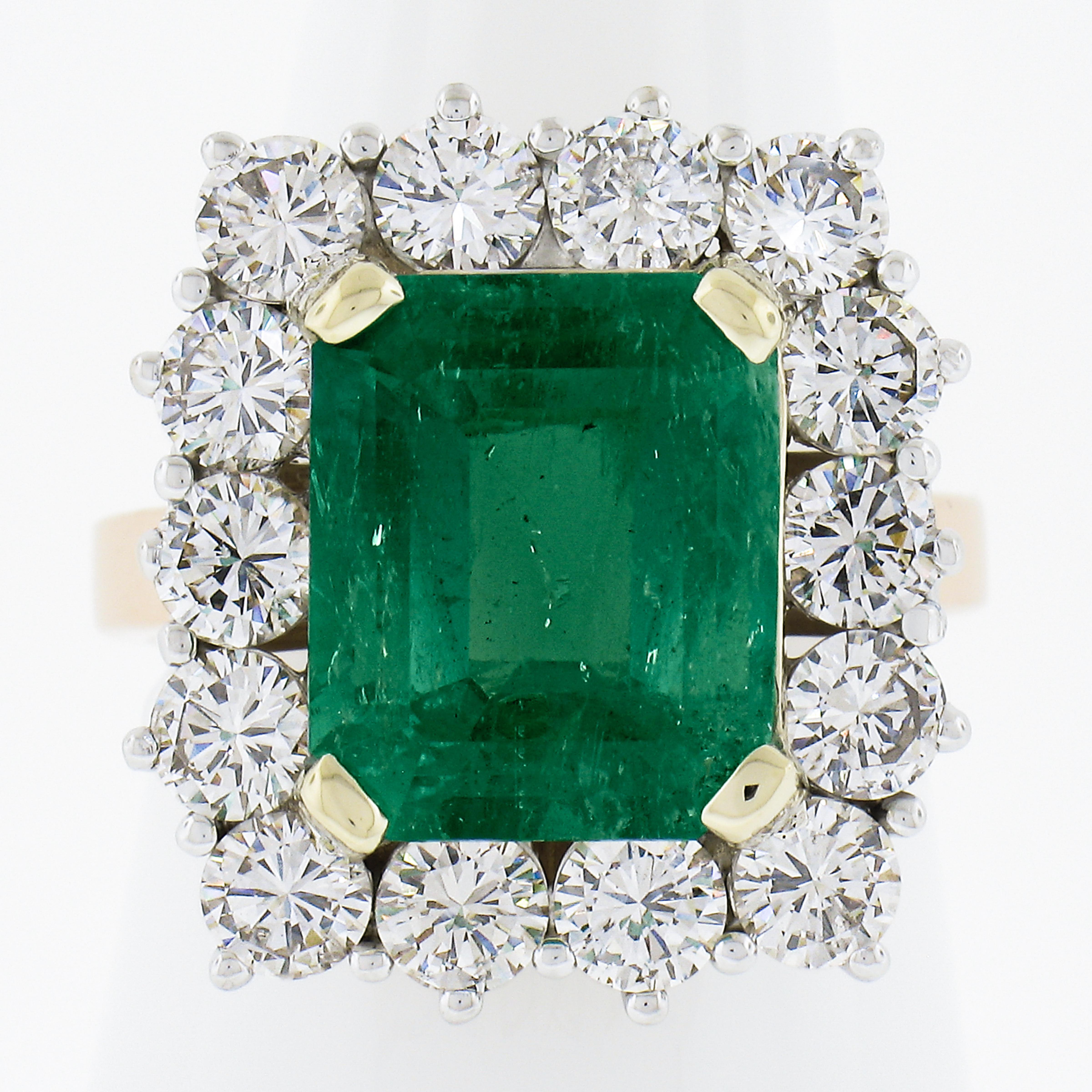 --Stone(s):--
(1) Natural Genuine Emerald - Rectangular Cut - Prong Set - VERY Happy Lively Green Clean Color - 5.33ct (exact, certified)
** See Certification Details Below for Complete Info **
(14) Natural Genuine Diamonds - Round Brilliant Cut -