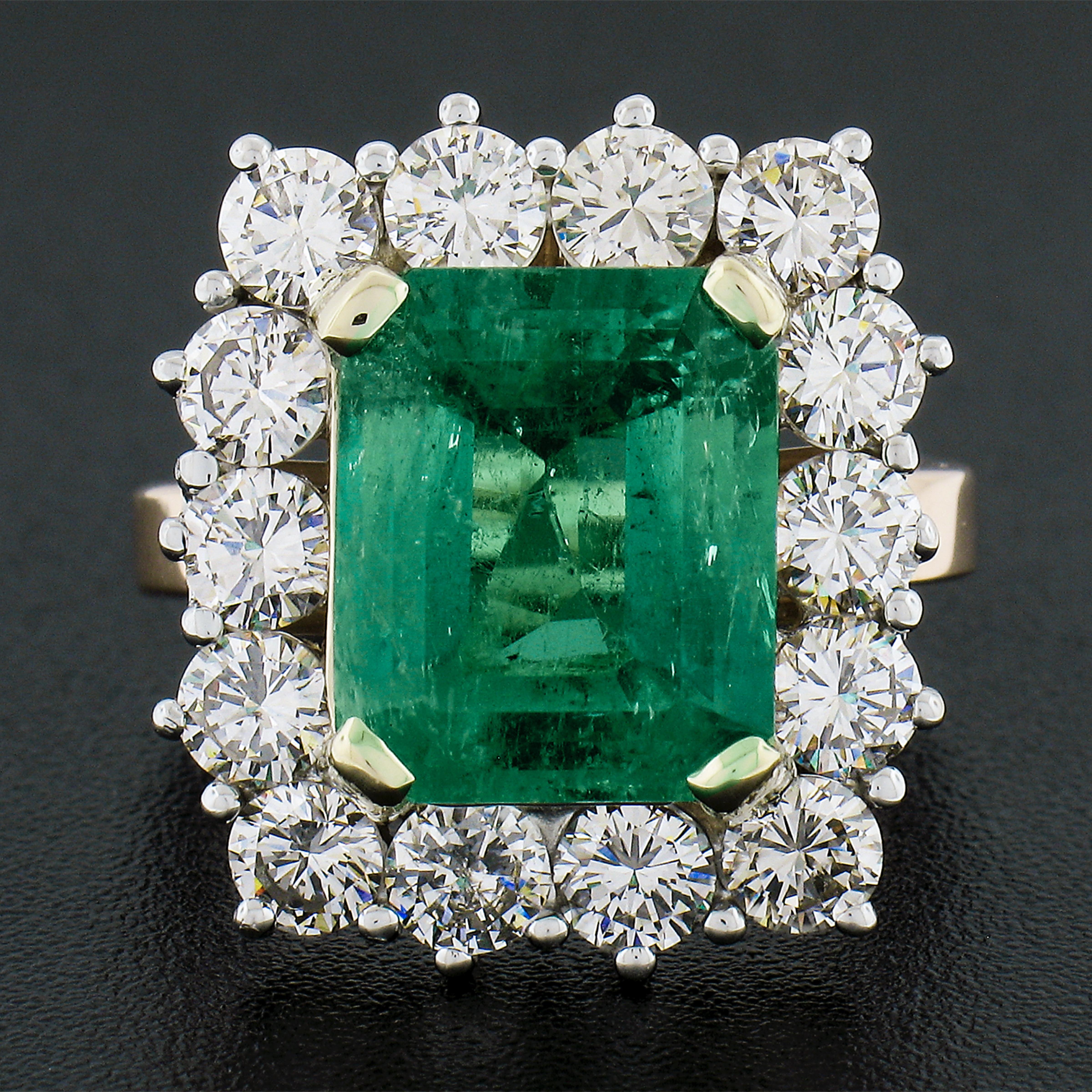 Emerald Cut Vintage 18k Gold 7.83ctw AGL Colombian Emerald & Diamond Halo Cocktail Ring For Sale