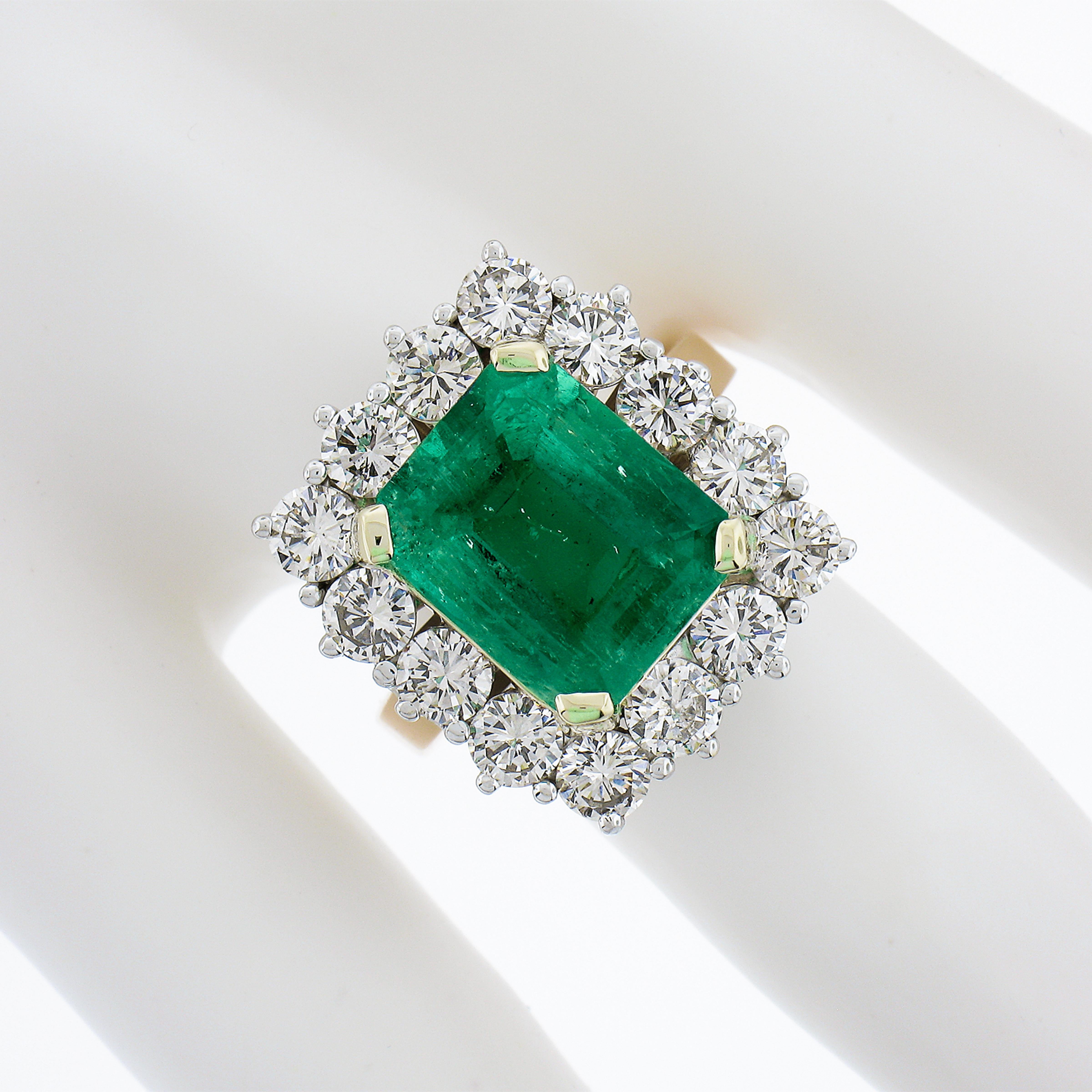 Vintage 18k Gold 7.83ctw AGL Colombian Emerald & Diamond Halo Cocktail Ring In Excellent Condition For Sale In Montclair, NJ