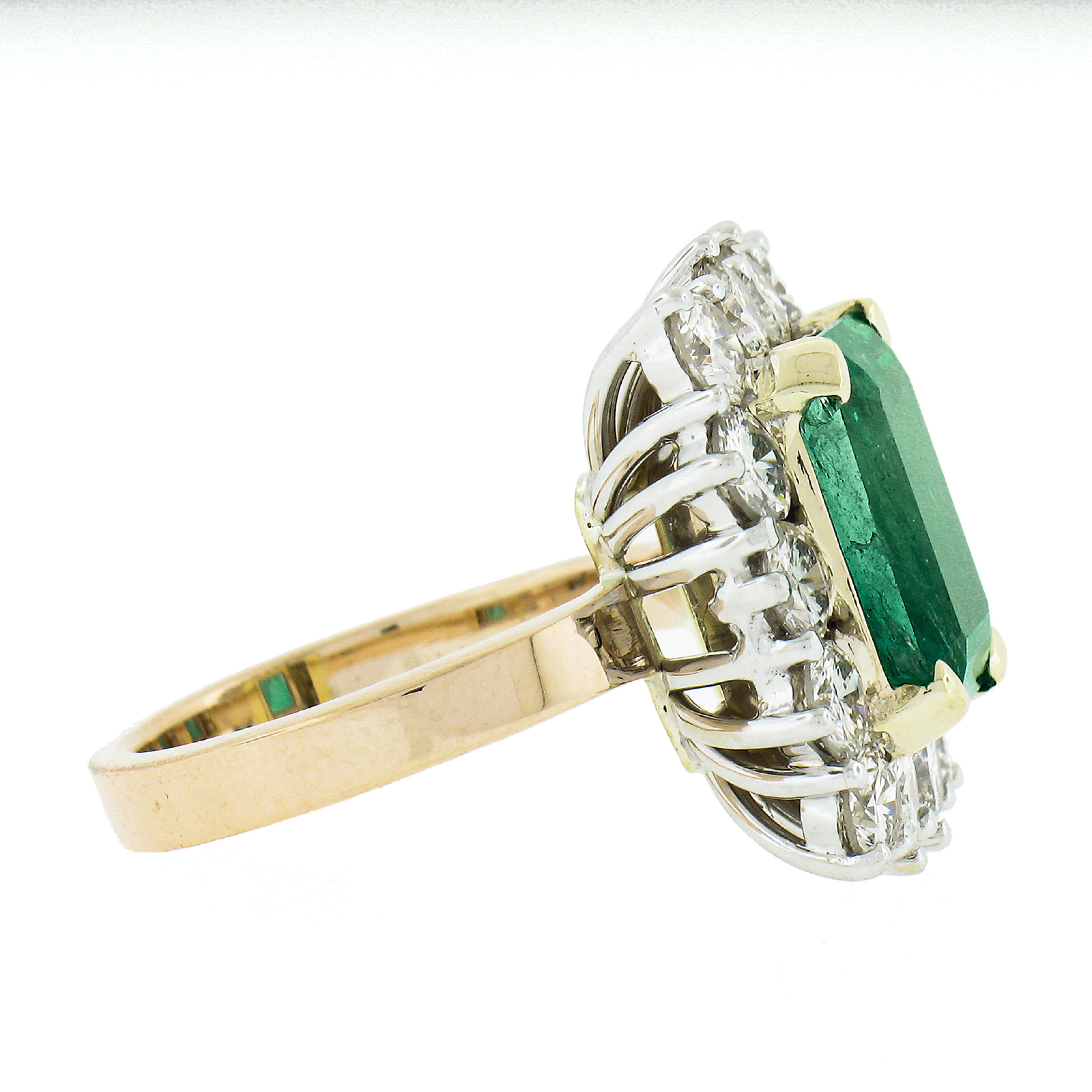 Women's Vintage 18k Gold 7.83ctw AGL Colombian Emerald & Diamond Halo Cocktail Ring For Sale