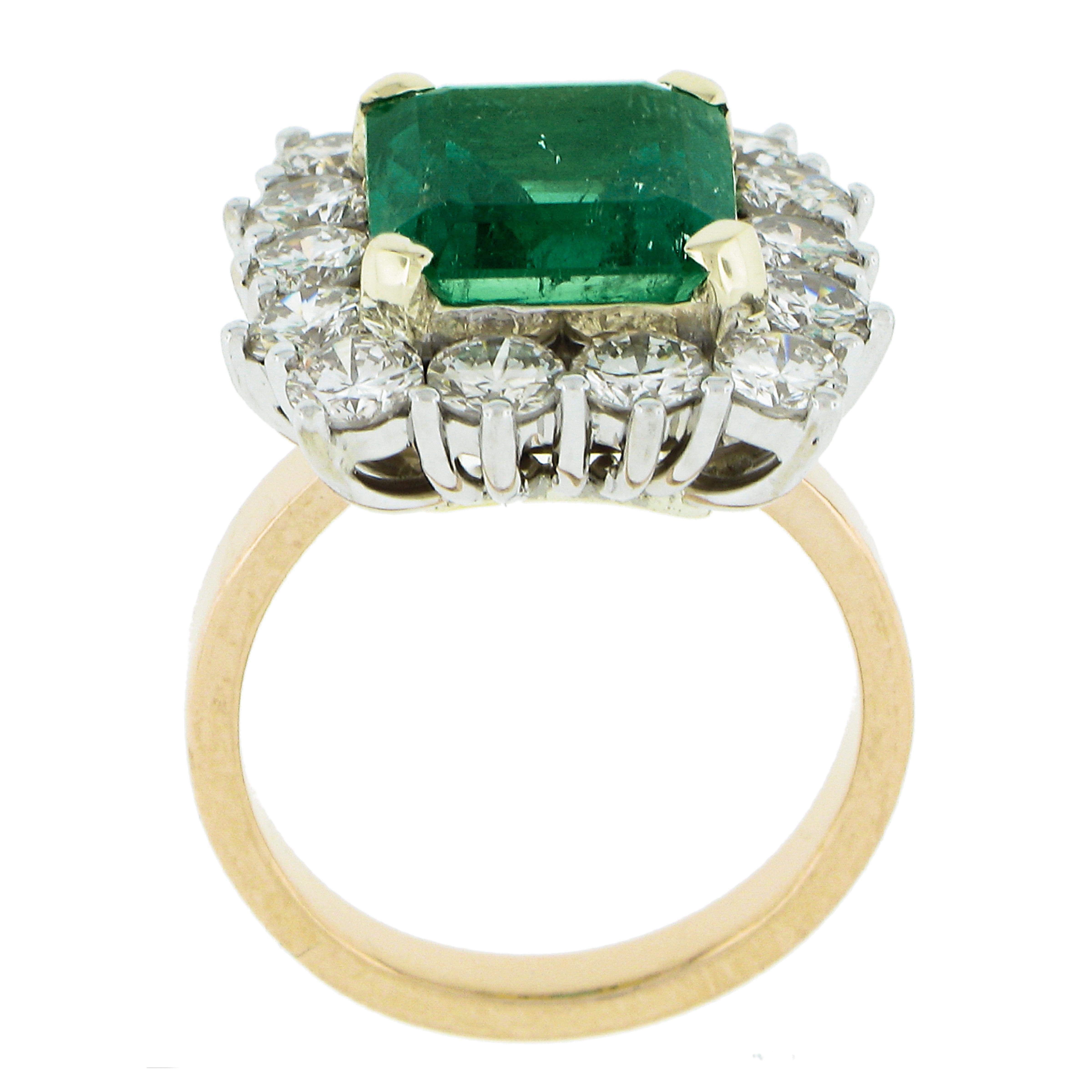 Vintage 18k Gold 7.83ctw AGL Colombian Emerald & Diamond Halo Cocktail Ring For Sale 3