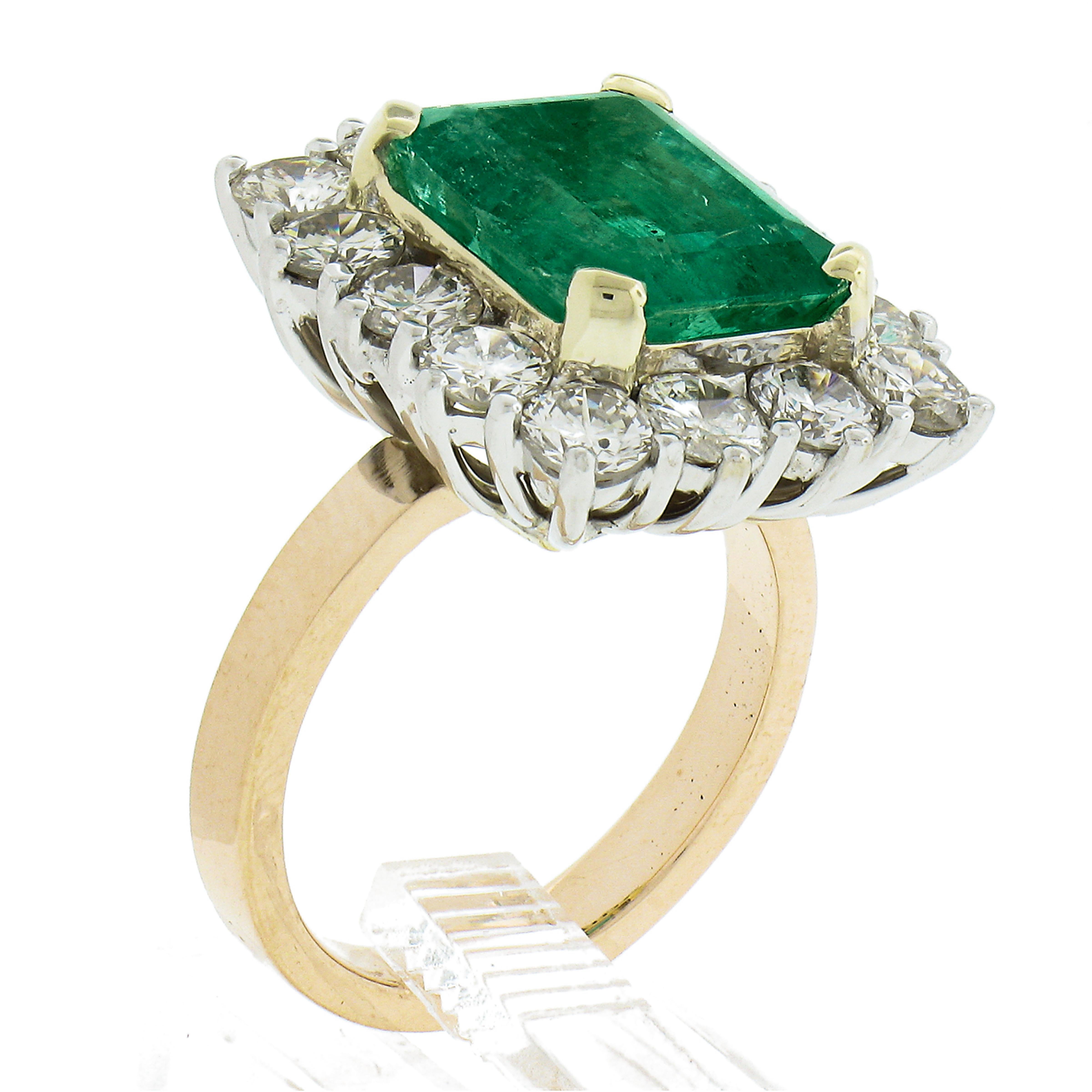 Vintage 18k Gold 7.83ctw AGL Colombian Emerald & Diamond Halo Cocktail Ring For Sale 4