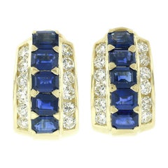 Vintage 18k Gold 7.83ctw GIA Emerald Cut Sapphire & Round Diamond Cuff Earrings