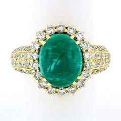Vintage 18k Gold 8.58ct AGL Oval Cabochon Emerald and Pave Diamond Cocktail Ring